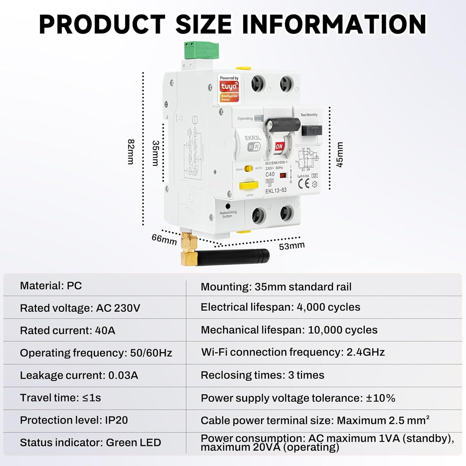 Jadeshay Disjoncteur Differentiel 30ma 40A 2 Pôles A Type Disjoncteur Intelligent RCCB Dispositif à réenclenchement Automatique WiFi AC230V Contrôle TUYA (GKR3L)