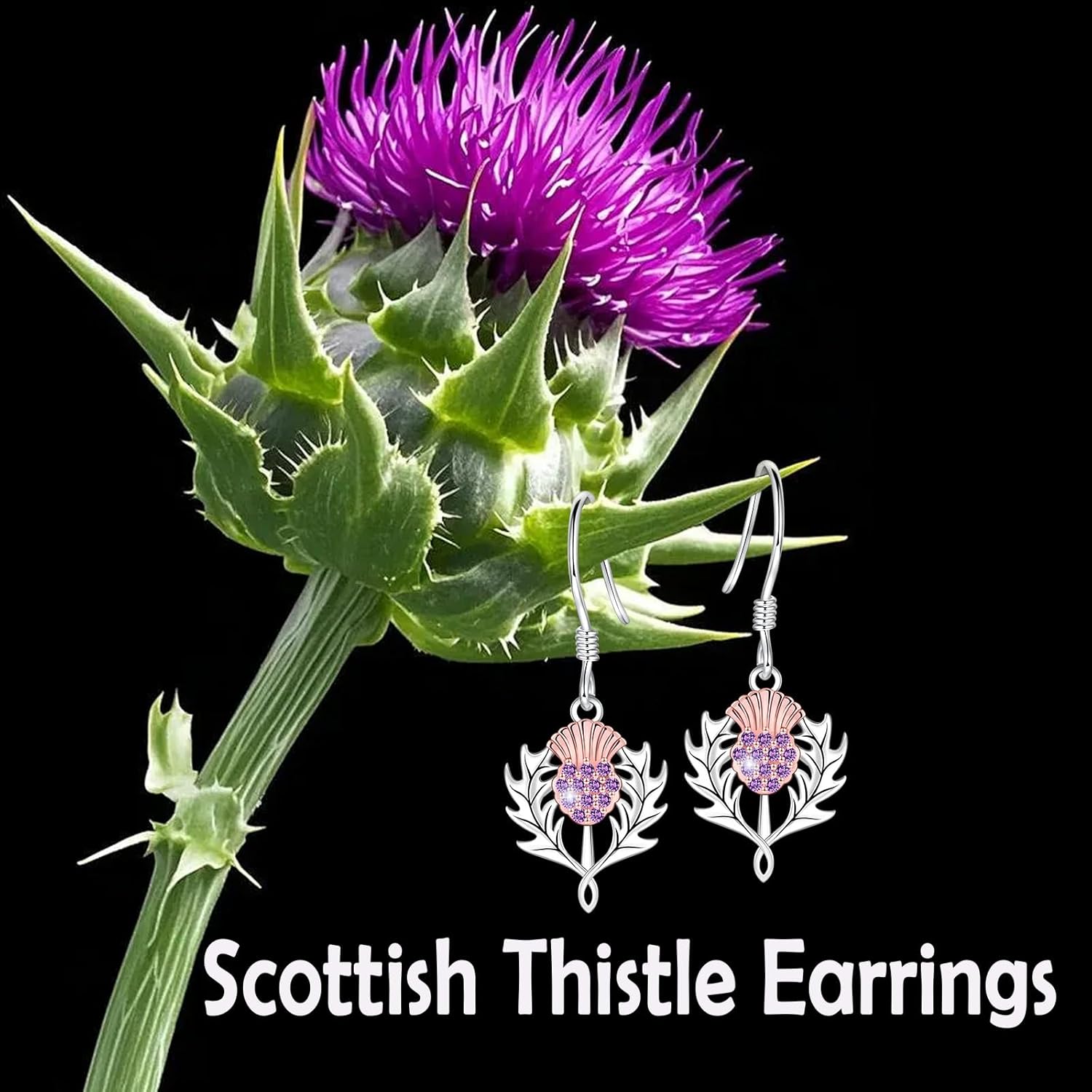 Scottish Thistle Earrings for Women - 925 Sterling Silver Thistle Dangle Earrings Amethyst CZ Scottish Thistle Earring Hypoallergenic Jewelry Gifts - Image 4