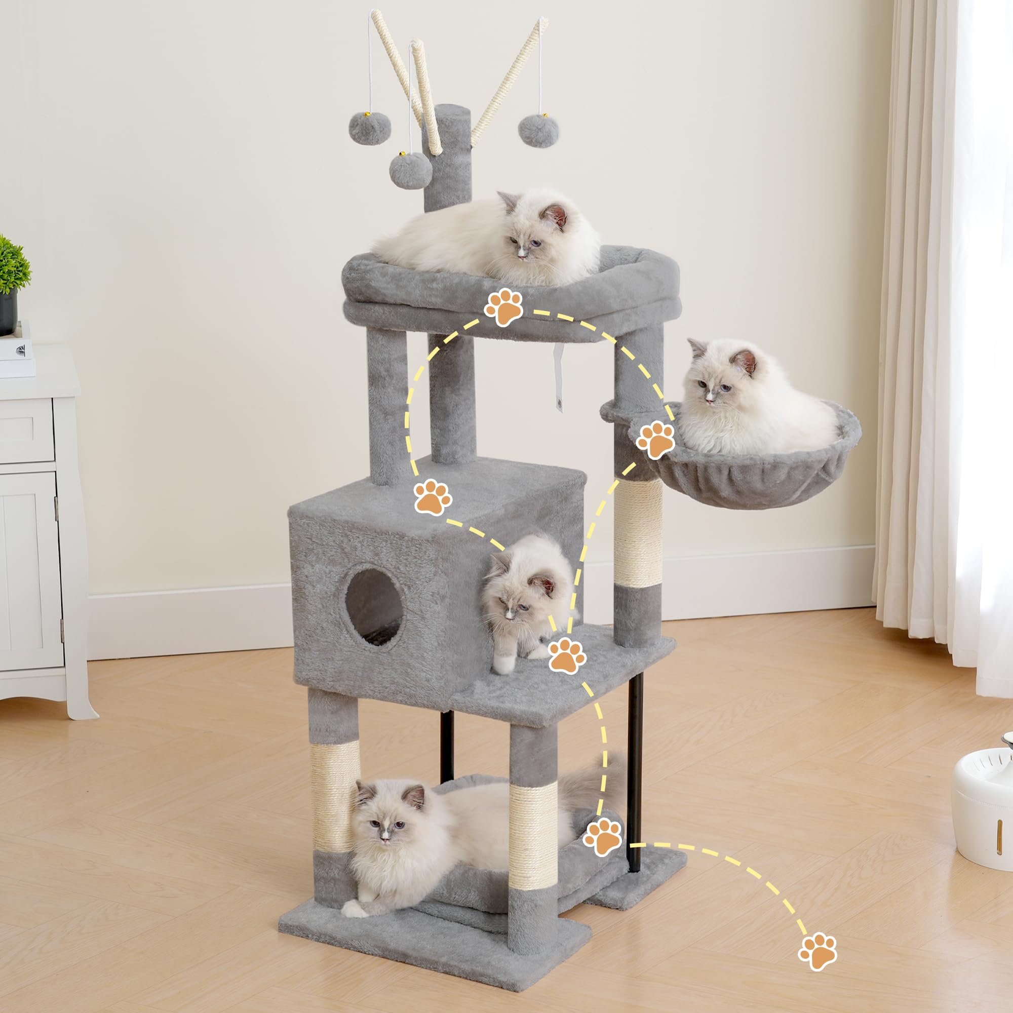 Heybly Árbol para Gatos de 115 cm, Torre para Gatos con Plataforma Grande, Cesta Colgante y Cueva, Postes Rascadores de Sisal, Pelotas Colgantes y Cojines Desmontables, Gris Claro HCT202SW