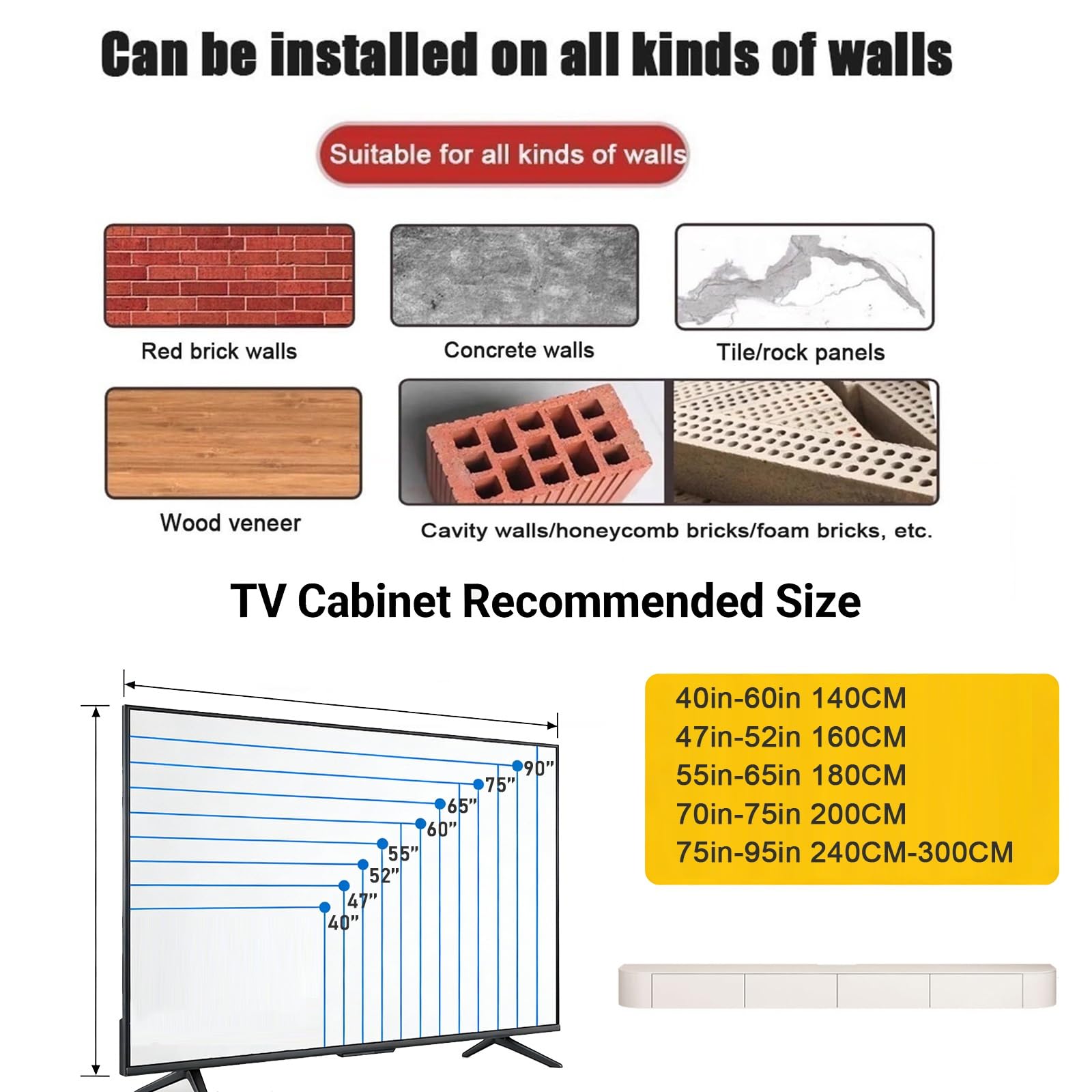 Mobile TV sospeso da parete con porta da 160 cm, ripiani per console multimediale per soggiorno e camera da letto, elegante sotto la TV, soluzione moderna per l'intrattenimento domestico