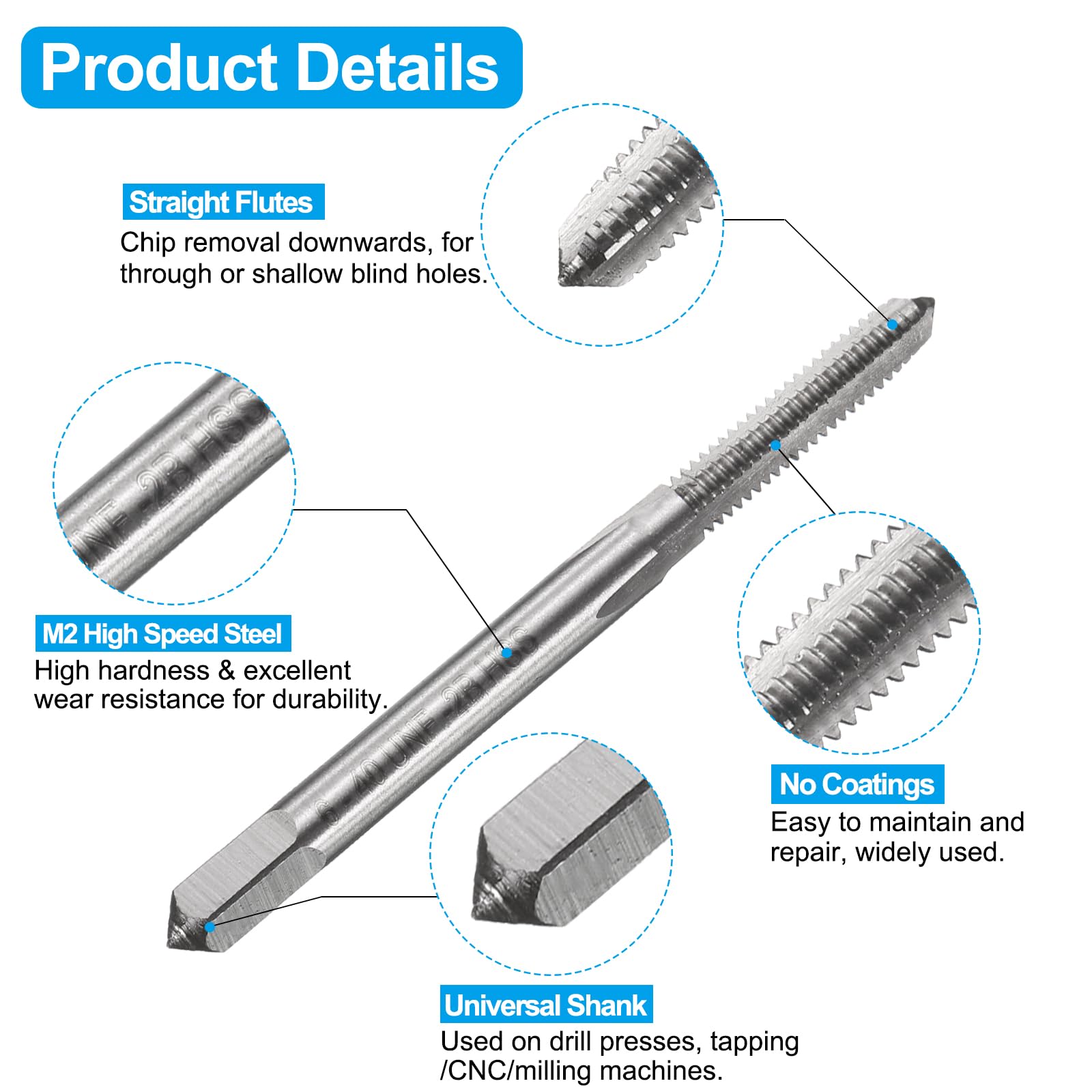 Set di maschi e punte da trapano, 1 maschio per filettatura a scanalatura dritta UNF 6-40 e 1 punta elicoidale da 2,7 mm, kit di utensili per filettatura HSS-6542 non rivestiti/rivestiti in titanio