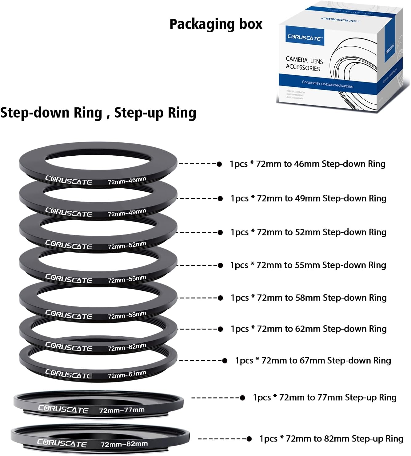 9Pcs 72mm Filter Ring Adapter Set,Filter Metal Stepping Rings for All Brands UV ND CPL 72-46mm,72-49mm,72-52mm,72-55mm,72-58mm,72-62mm,72-67mm,72-77mm,72-82mm