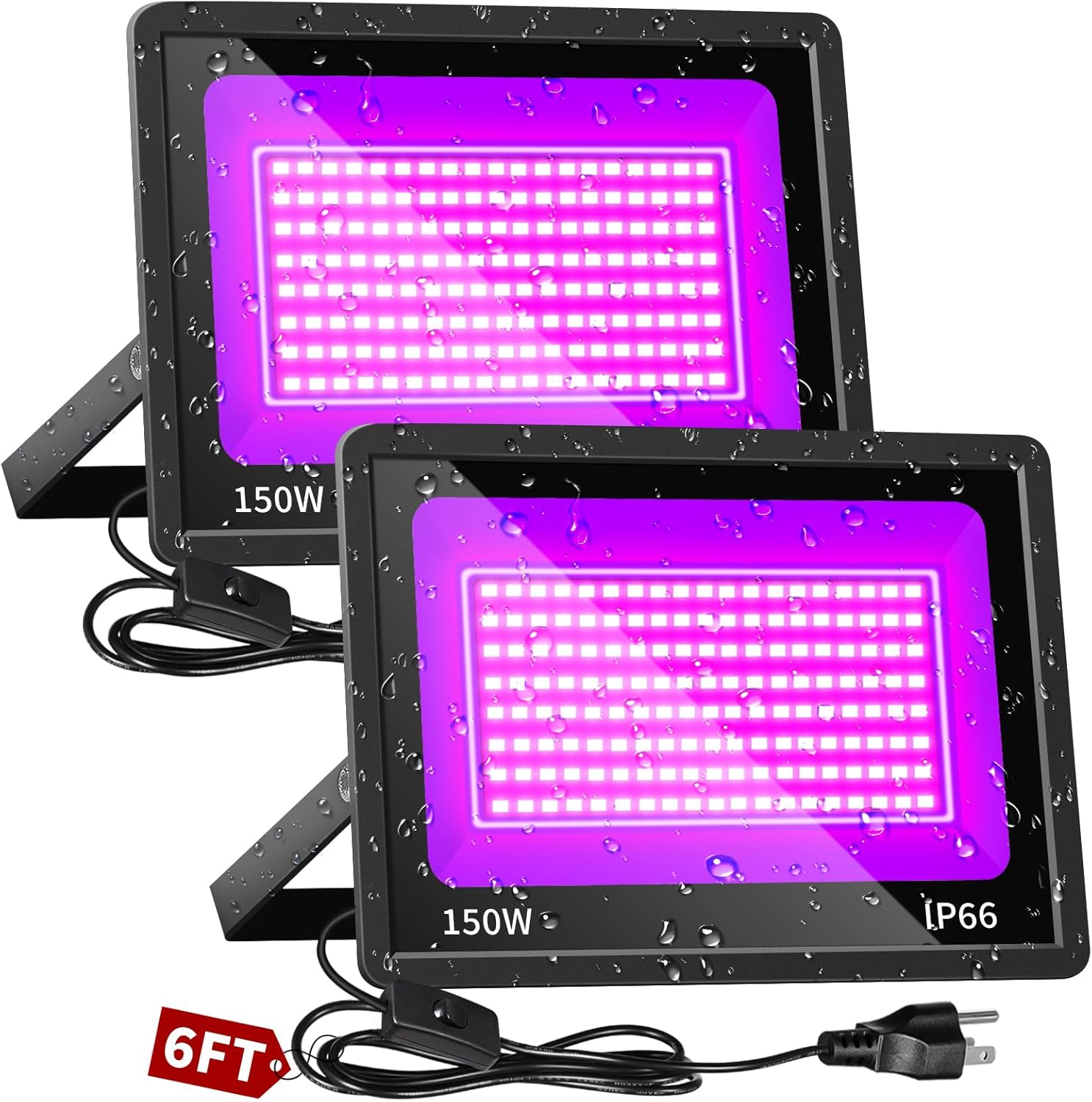 150W Black Lights, IP66 Blacklight Flood Light with Switch + Plug + 6Ft Cord, Waterproof Outdoor LED Blacklight floodlight for Neon Glow Party, Body Paint, Fluorescent Party, Stage, Halloween, 2 Pack