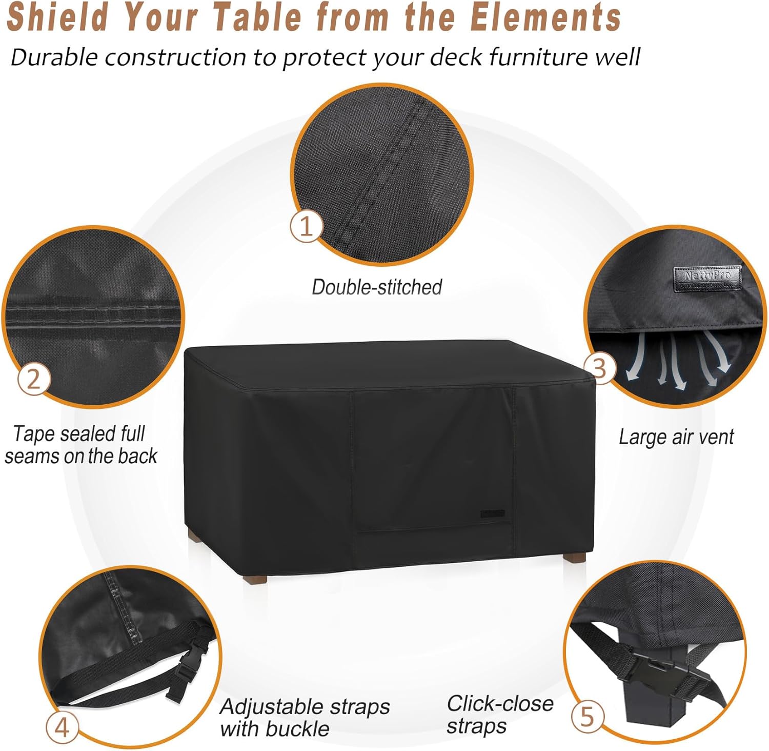 NettyPro Patio Coffee Table Cover Rectangular, Waterproof Outdoor Furniture Small Side Table Cover Rectangle, 48x26x18 inch, Black