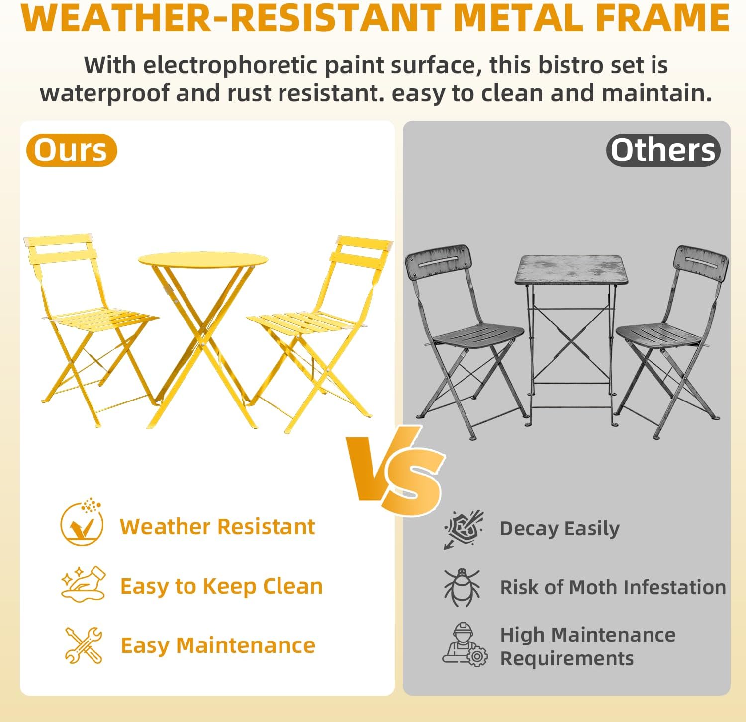 3-Piece Folding Bistro Set, 2 Chairs and 1 Coffee Table, Space Saving Weather-Resistant Frame, Portable Indoor/Outdoor Patio Furniture Conversation Set for Garden Porch Balcony Deck - Yellow