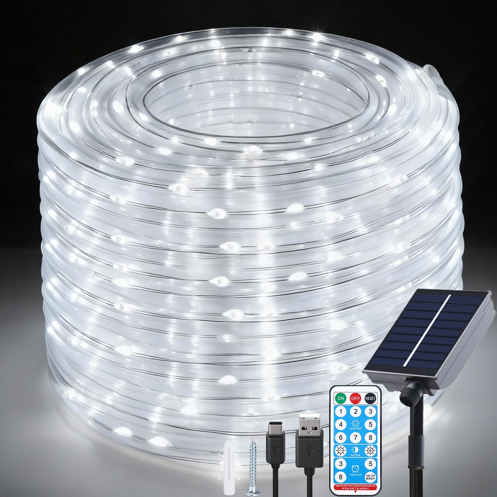 Fonysien 66Ft 200LEDs Solar Rope Lights Outdoor Waterproof USB Tube Lights with 8 Modes & Remote Control, Flexible Clear Solar Fairy String Lights Outdoor for Garden Tree Wedding Christmas Party