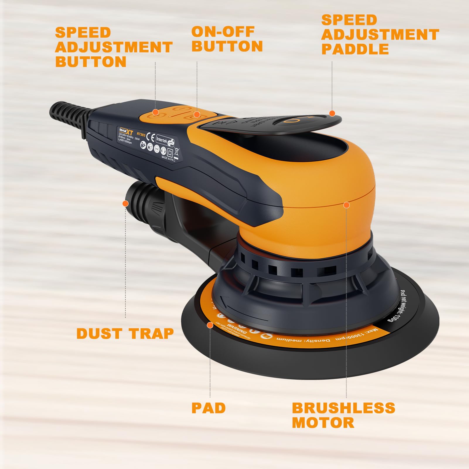 MAXXT Levigatrice rotorbitale senza spazzole 150 mm, 350W, Levigatrice orbitale da 5.0 mm con connessione a tre nuclei, Freno automatico-2s, 6 velocità regolabili e inclusi 10 fogli di carta vetrata