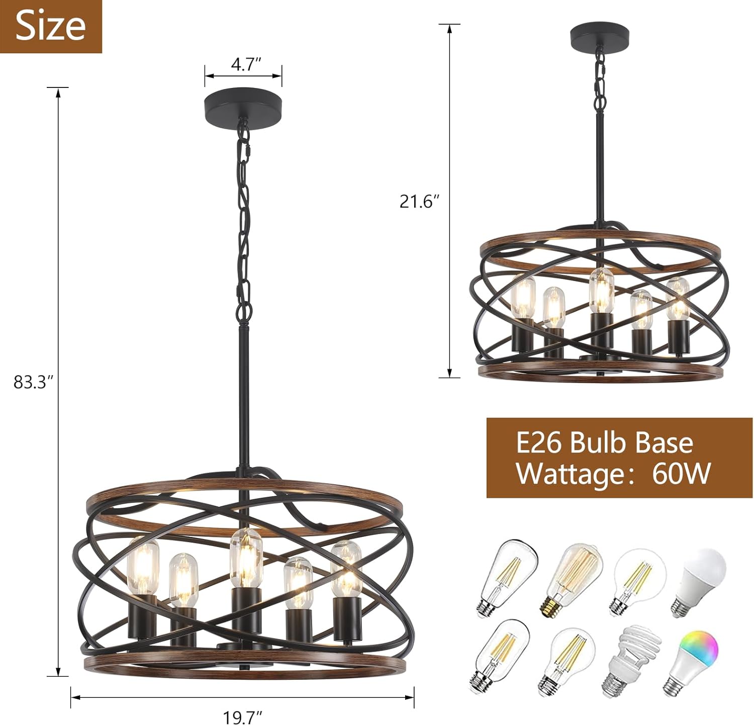 19.7'' Farmhouse Industrial Chandelier for Dining Room, 5-Light Rustic Black and Brown Metal Wood Texture Drum Chandeliers Hanging Light Fixture for Entryway Kitchen Foyer Bedroom Living Room