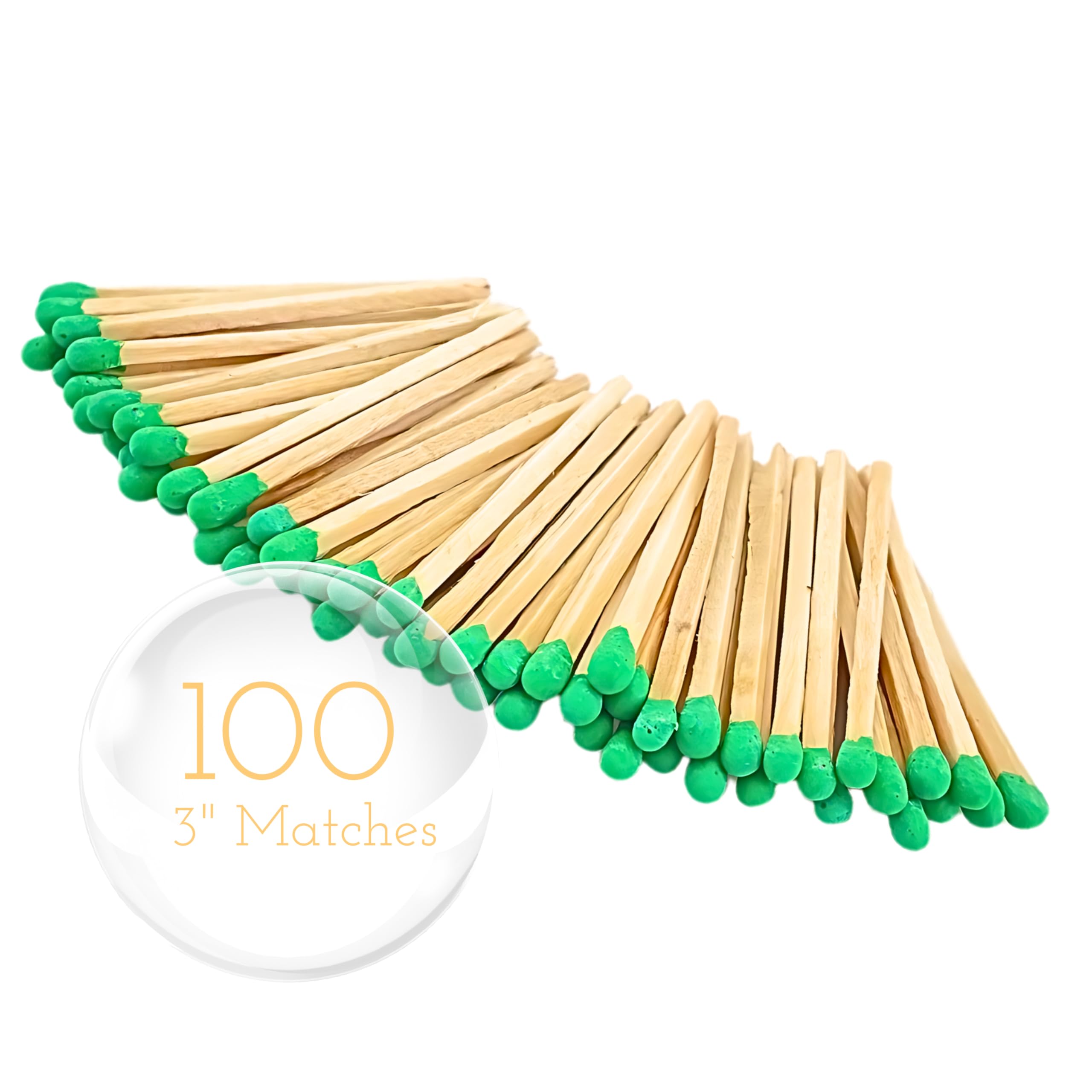 100 Count - 3" Long Green Color Matches | Three Inch Coloful Loose Wooden Safety Match Sticks for Candle Display | Refill Decorative Jar Holder Bottle | Striker Included