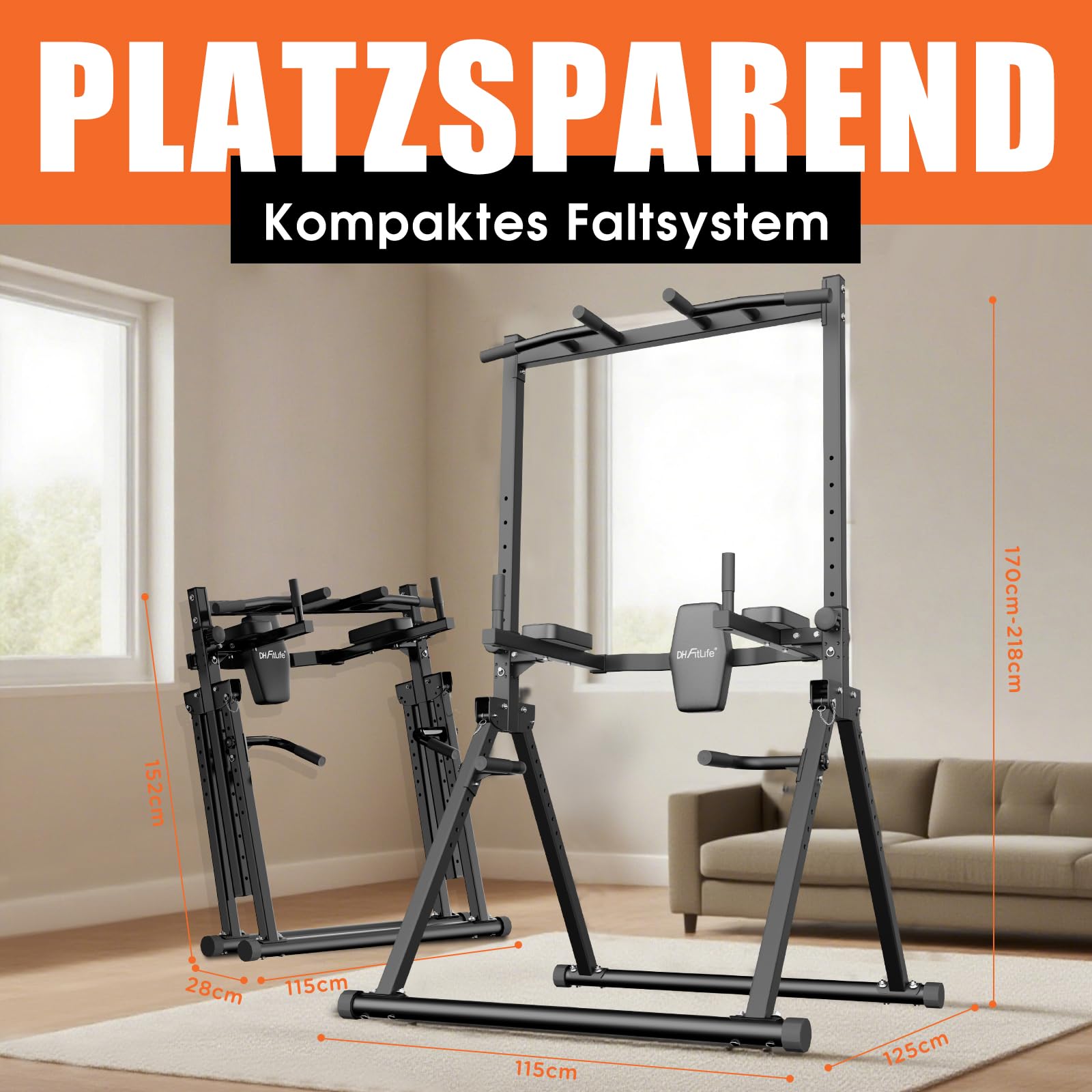 DH FitLife Faltbar Power Tower Dip Station | Klimmzugstange Freistehend mit Dip Barren u. Hantelablagen/Rückenlehne | Kraftstation Kraftturm | Fitness Station | Power Rack for Home Gym