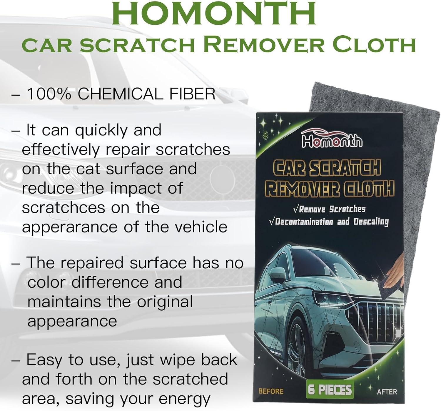 Nano Sparkle Cloth Car Scratch Remover, 6 Pack Scratch Remover for Vehicles, Magic Wipes for Scratches Shine Cloths for Car Scratches Repair Scratches Swirls Paint Residues - Image 2