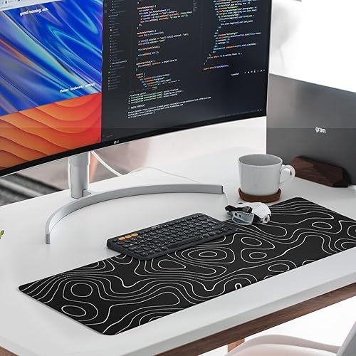 Miniatura 8 de Alfombrilla de mouse grande para juegos de mapa topográfico para escritorio, almohadilla de escritorio negra con base de goma antideslizante, borde