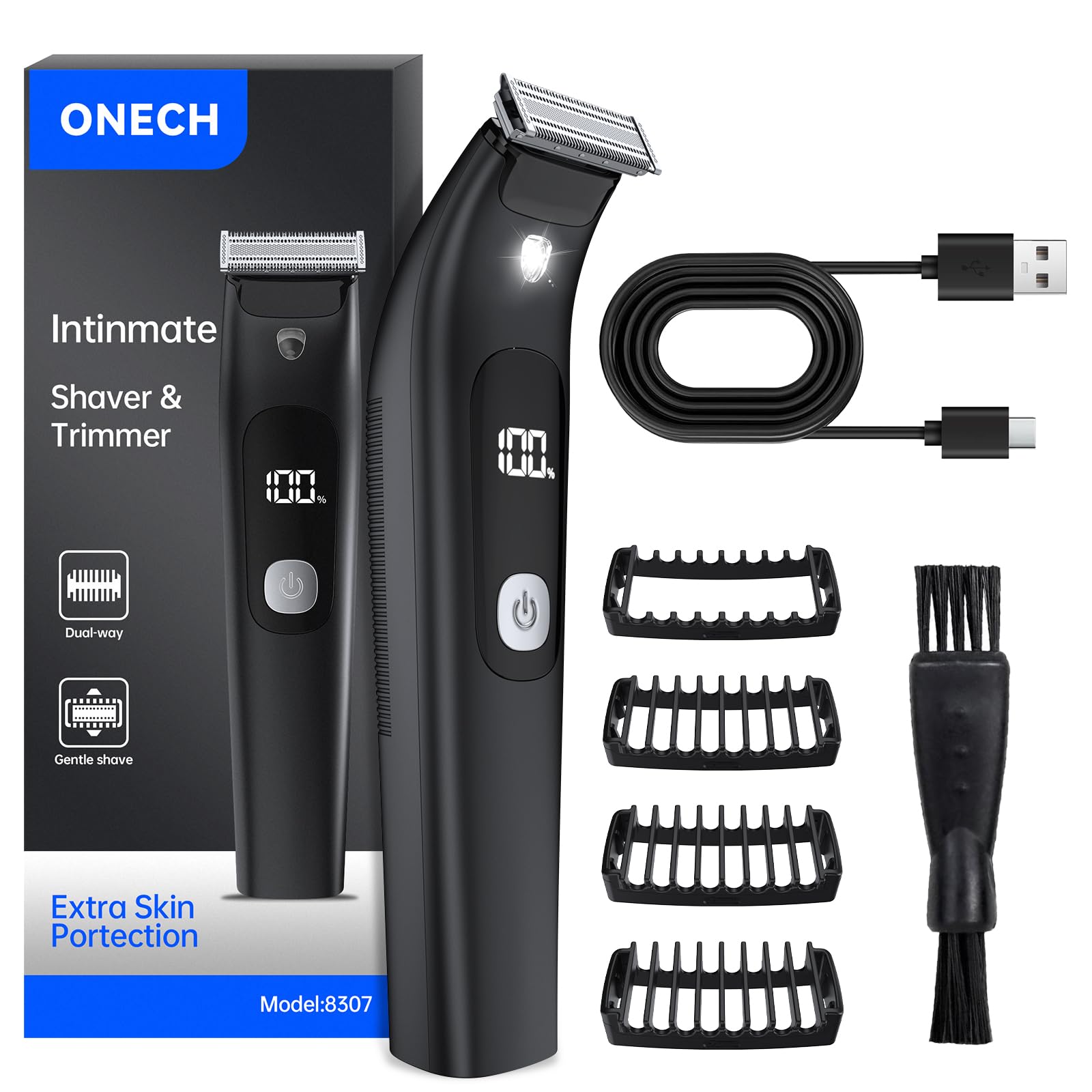 Intimrasierer Herren, Wasserdichter Bodygroomer mit USB-C, Nass und Trocken | Wasserdicht, USB-C-Ladung, Nass- und Trockenrasur, mit Aufsteckkämmen für Brust, Achseln, Leiste und Beine