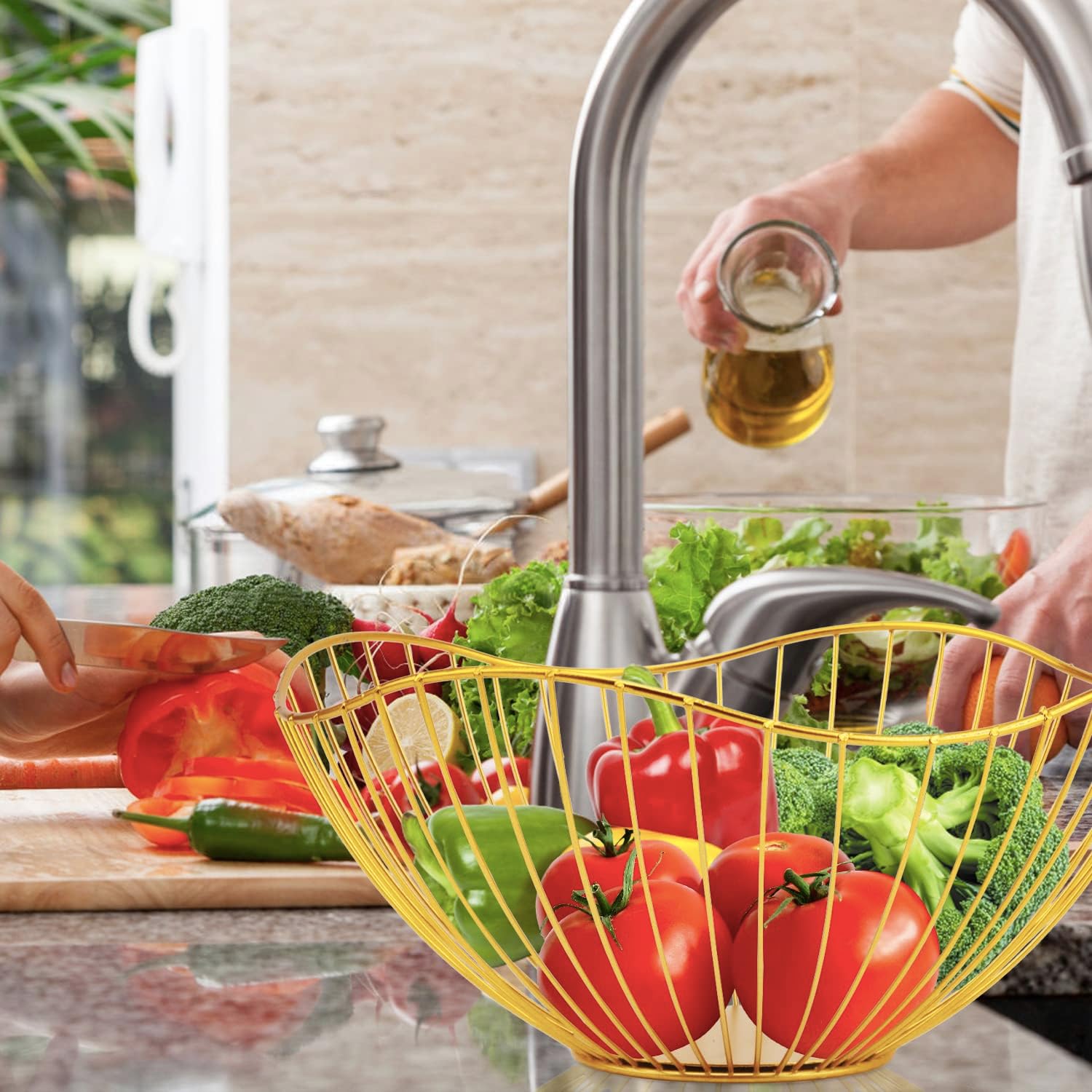 Metal Wire Fruit Basket, Gold Fruit Bowl for Kitchen Counter, Fruit Holder Stand Storage Baskets for Countertop, Home Decor, Table Centerpieces, Vegetable Bowls for Fruits, Veggies, Snacks (Gold) - Image 4