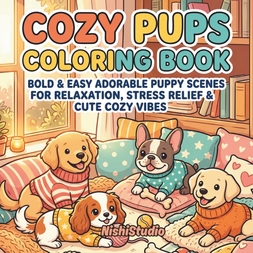 Cozy Pups Coloring Book: Bold & Easy Adorable Puppy Scenes for Relaxation, Stress Relief & Cute Cozy Vibes