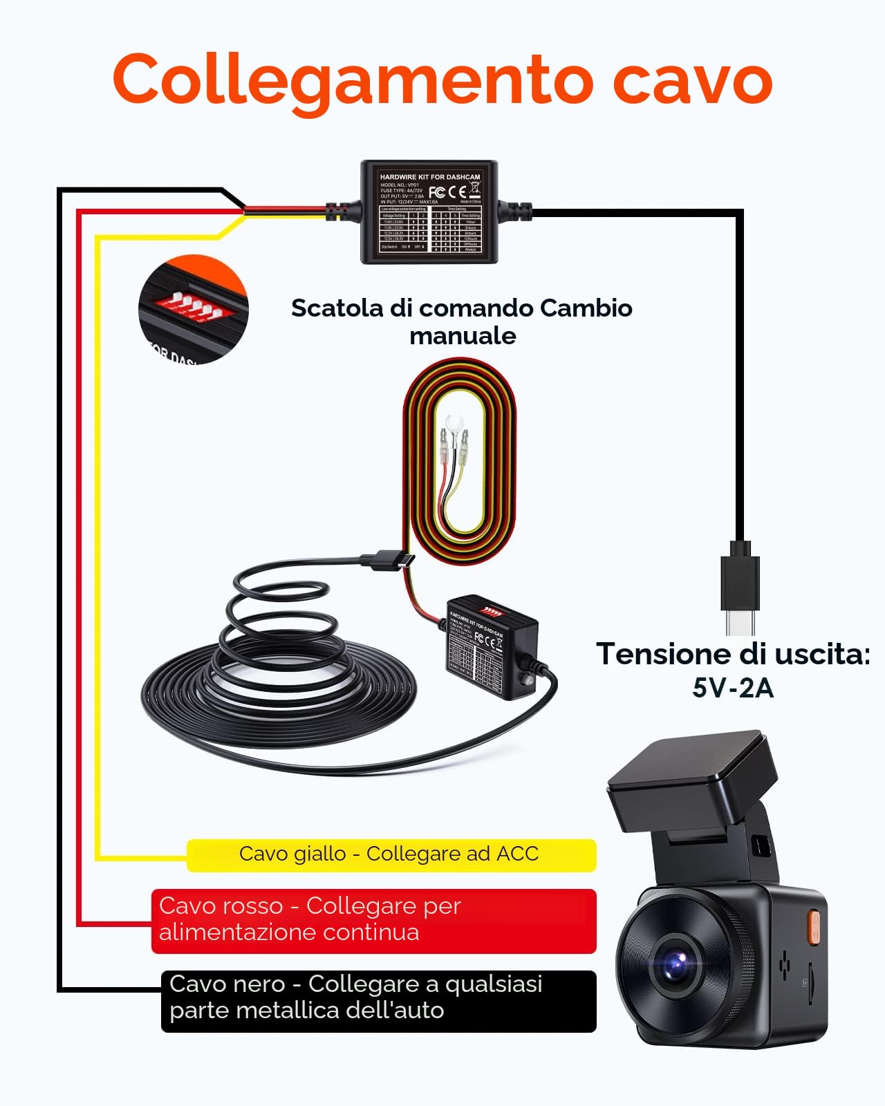 VANTRUE Kit di cavi USB C a 5 velocità, 3,5 mspostamento di tipo C, kit di cablaggio da 12V-24V a 5V per Dash Cam con portafusibili, protezione da bassa tensione per Dashcam E3/ N4/ N4 Pro/ N5/ N2S