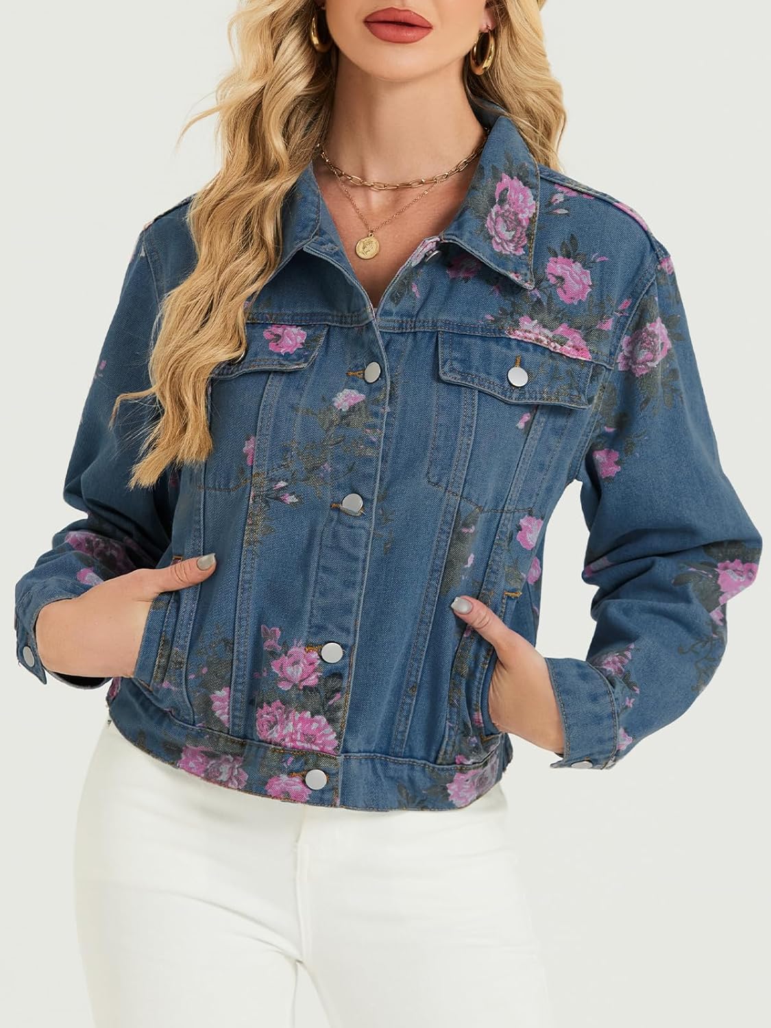LifeShe Women's Jean Jacket Floral Button Up Cropped Denim Jackets Western Outfit With Pockets - Image 5