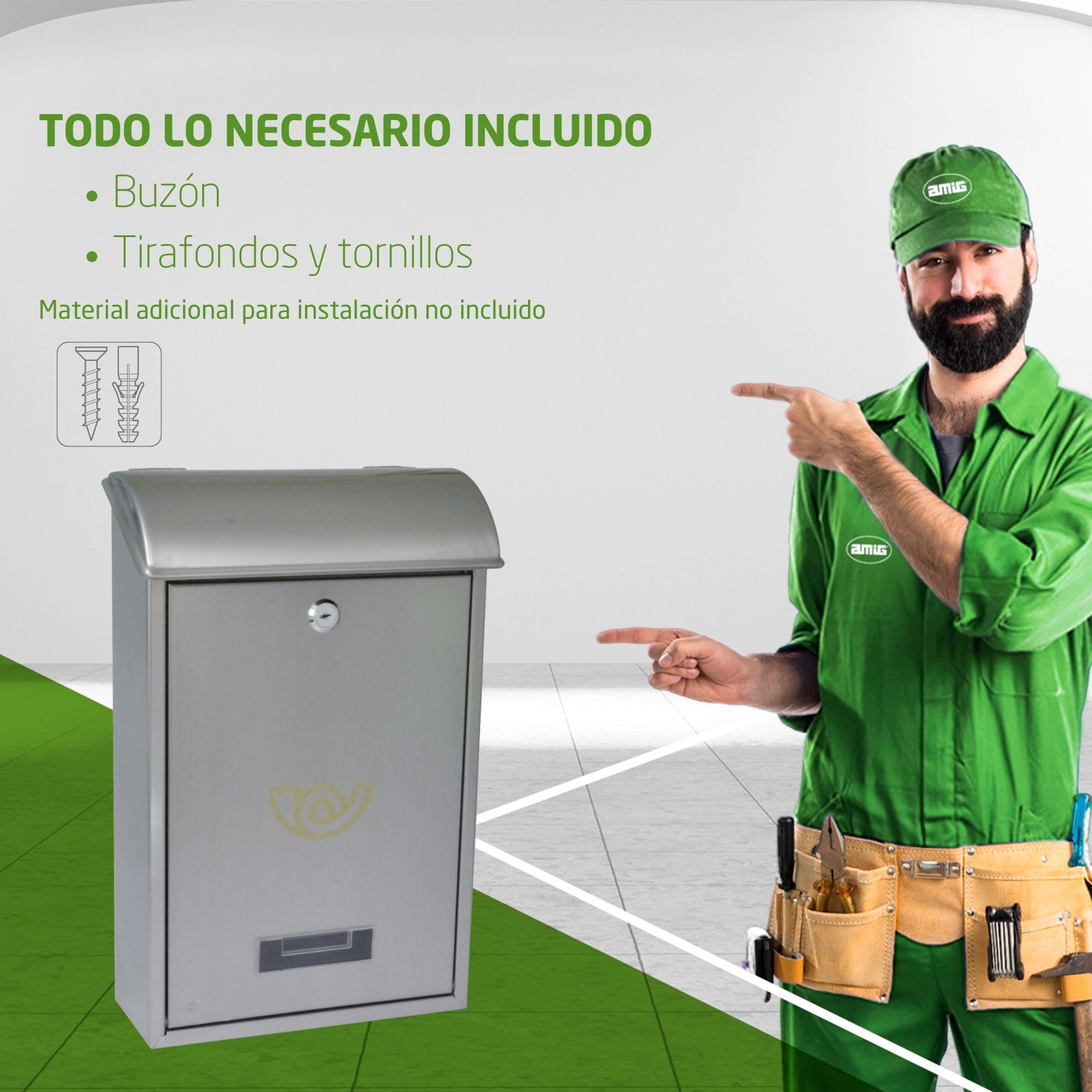 Amig - Buzón Exterior de Pared - Tamaño Compacto para DIN A4 - Apertura Frontal con Cerradura - Acero Inoxidable - Resistente a la corrosión - Fácil de Instalar en Puertas o Verjas - 40 x 24 x 8 cm