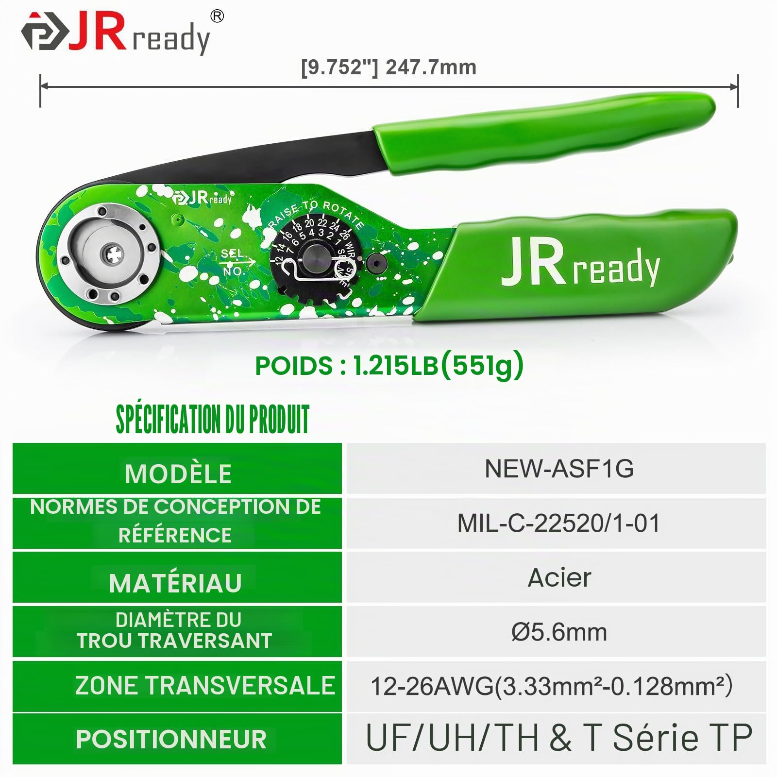 JRready NEW-ASF1G (Conforme Norme M22520/1-01) Outil Sertissage Aéronautique Standard Pour Sertissage Des Contacts Pin&Soc Allemand HARTING WAIN TE Series Connecteurs Pince Sertir Réglable 12-26 AWG