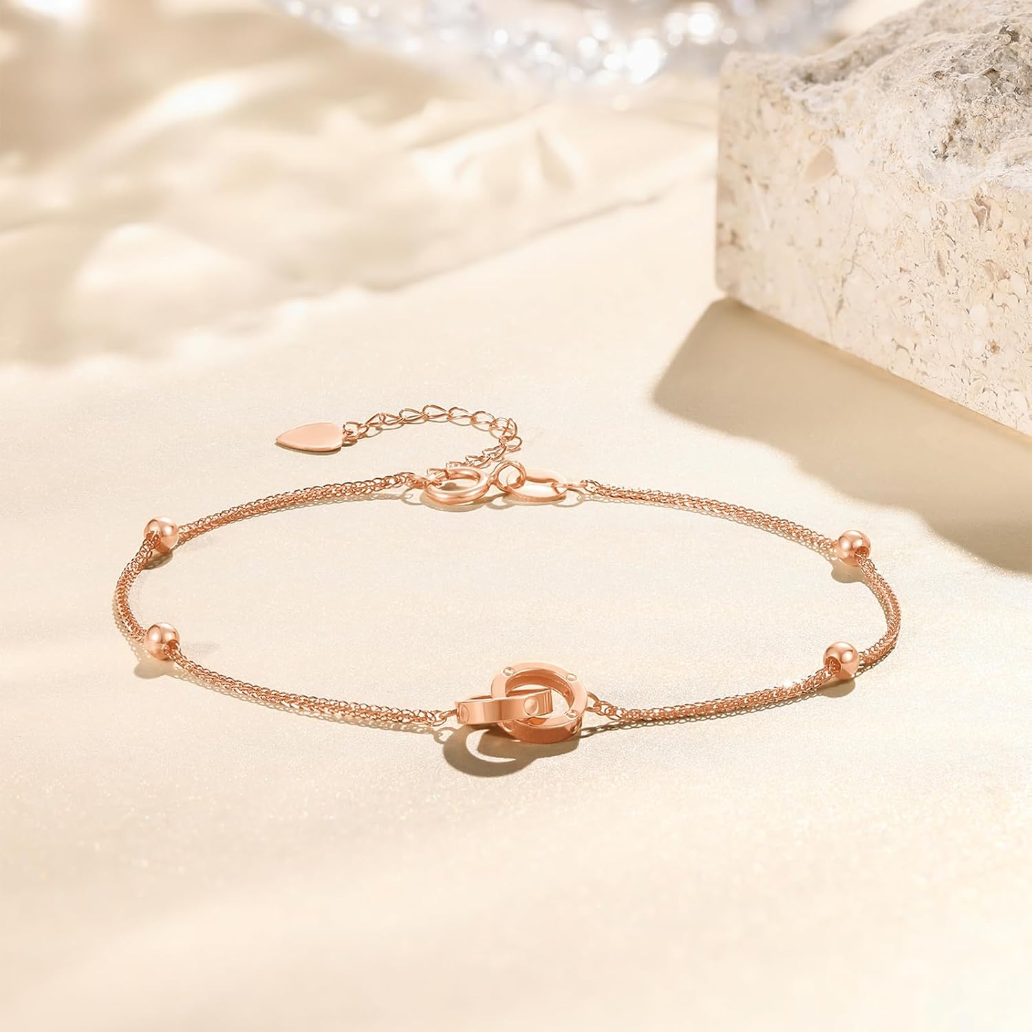18K Gold Bracelet for Women Infinity Link Bracelets Double Interlocking Jewelry Love Circles Charm Adjustable Stackable Chain Dainty Trendy Forever Sister Daughter Mother Couples Gifts