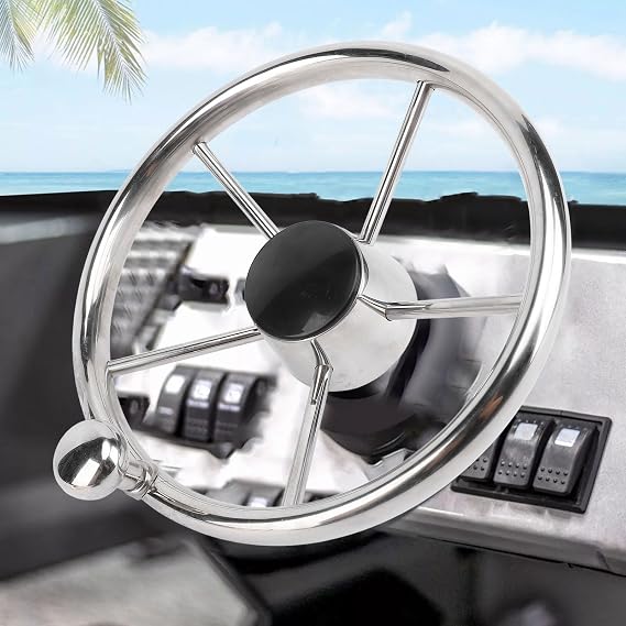 11 Inch Boat Steering Wheel, Marine Stainless Steel 5 Spoke 25 Degree with Foam Grip and Center Cap, for Yachts, Speedboats, Ships. Fitment for 3/4 inch tapered shaft