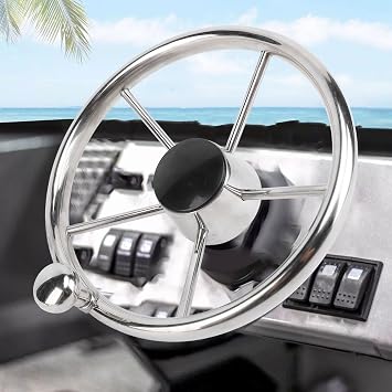 11 Inch Boat Steering Wheel, Marine Stainless Steel 5 Spoke 25 Degree with Foam Grip and Center Cap, for Yachts, Speedboats, Ships. Fitment for 3/4 inch tapered shaft