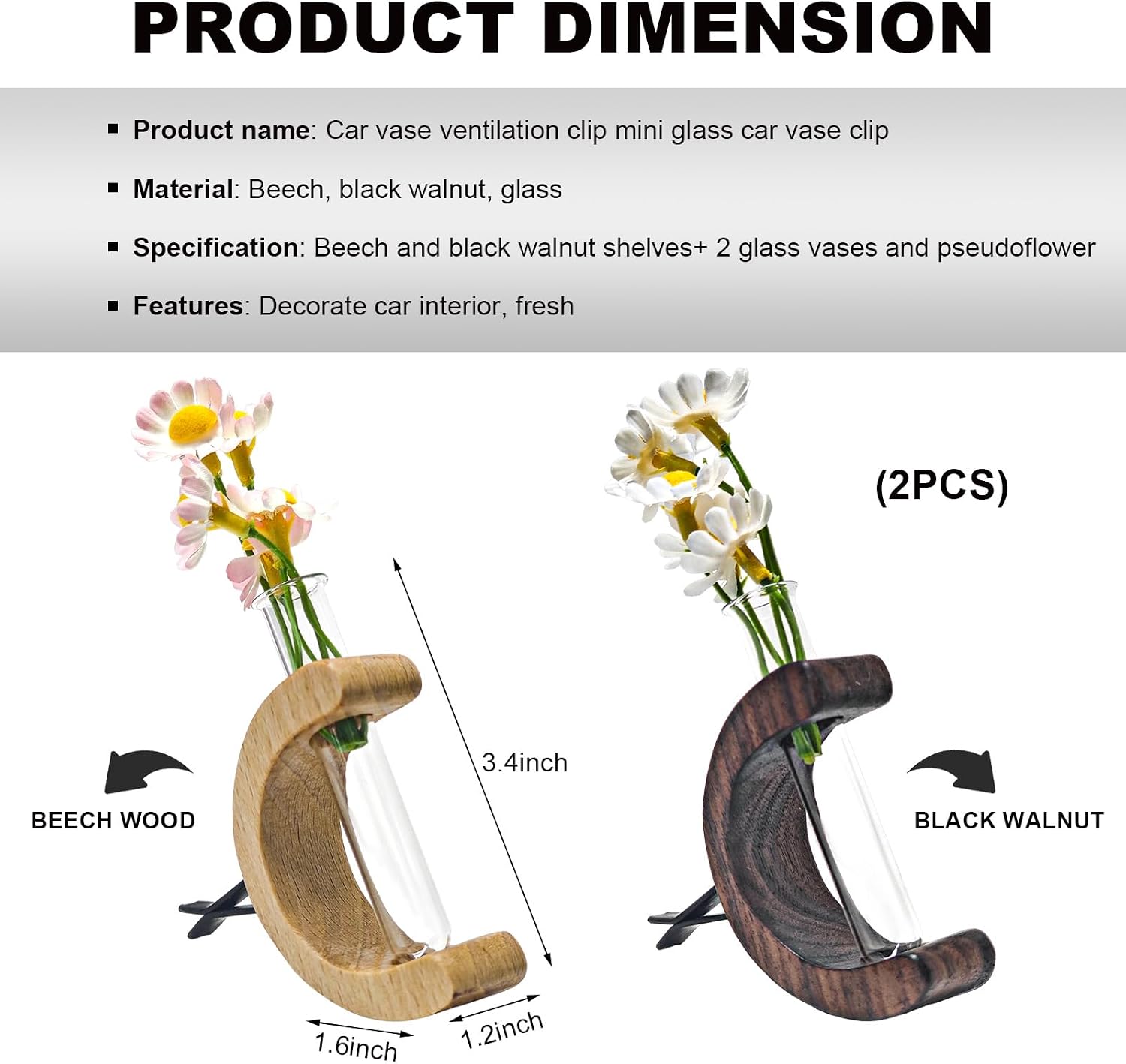 KVAEY 2 PCS Car Vase Vent Clips, Wooden Auto Glass Tube Vase Clips for Air Vent Ornament, Charm Automotive Flower Vases Holder Vehicle Decoration (Light Brown+Dark Brown) image 2