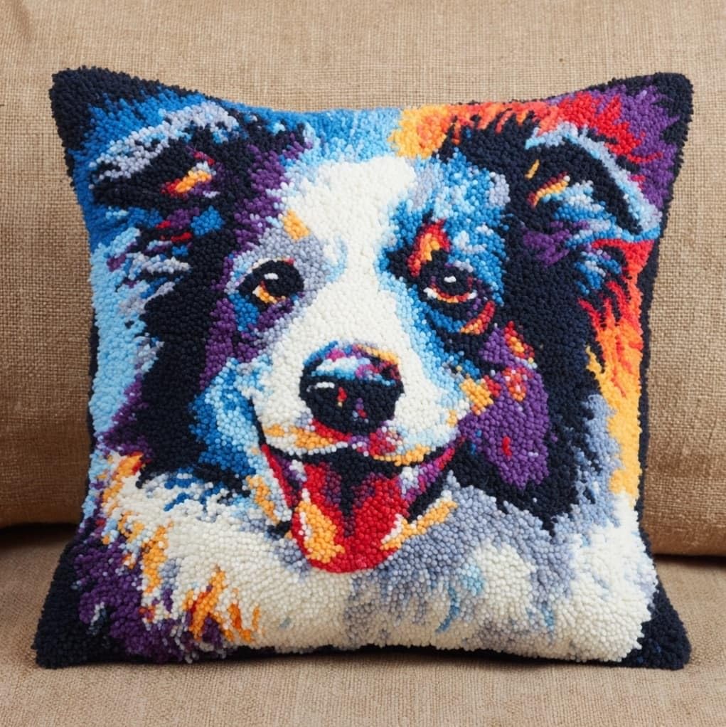 Henypt 43x43cm Latch Hook Rug Kit,Border Collie Animal Dog