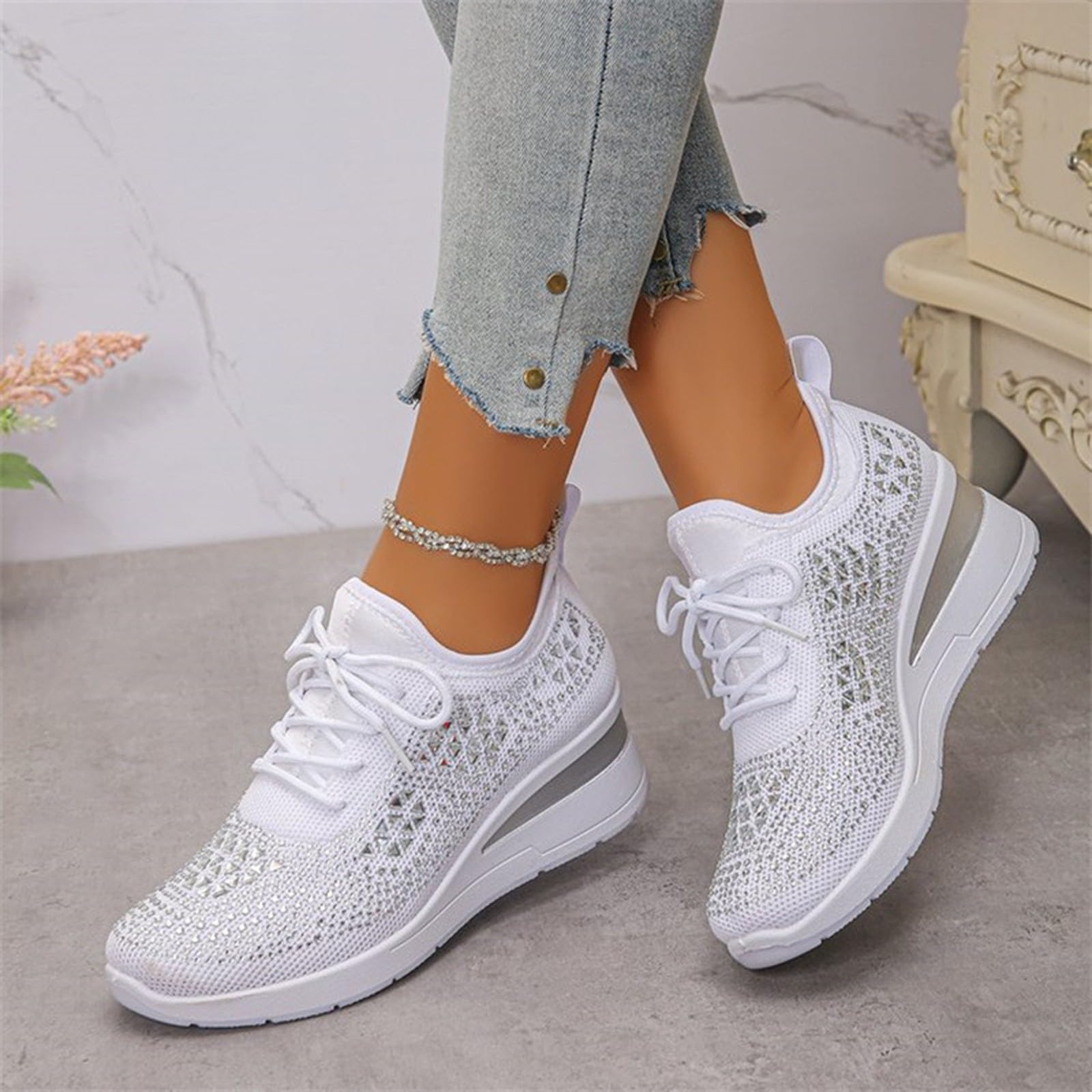 Sneakers estive da donna, traspiranti, eleganti, glitterate, con zeppa | Scarpe sportive con lacci, leggere, traspiranti, sportive, per il tempo libero, per la città e le attività all'aperto