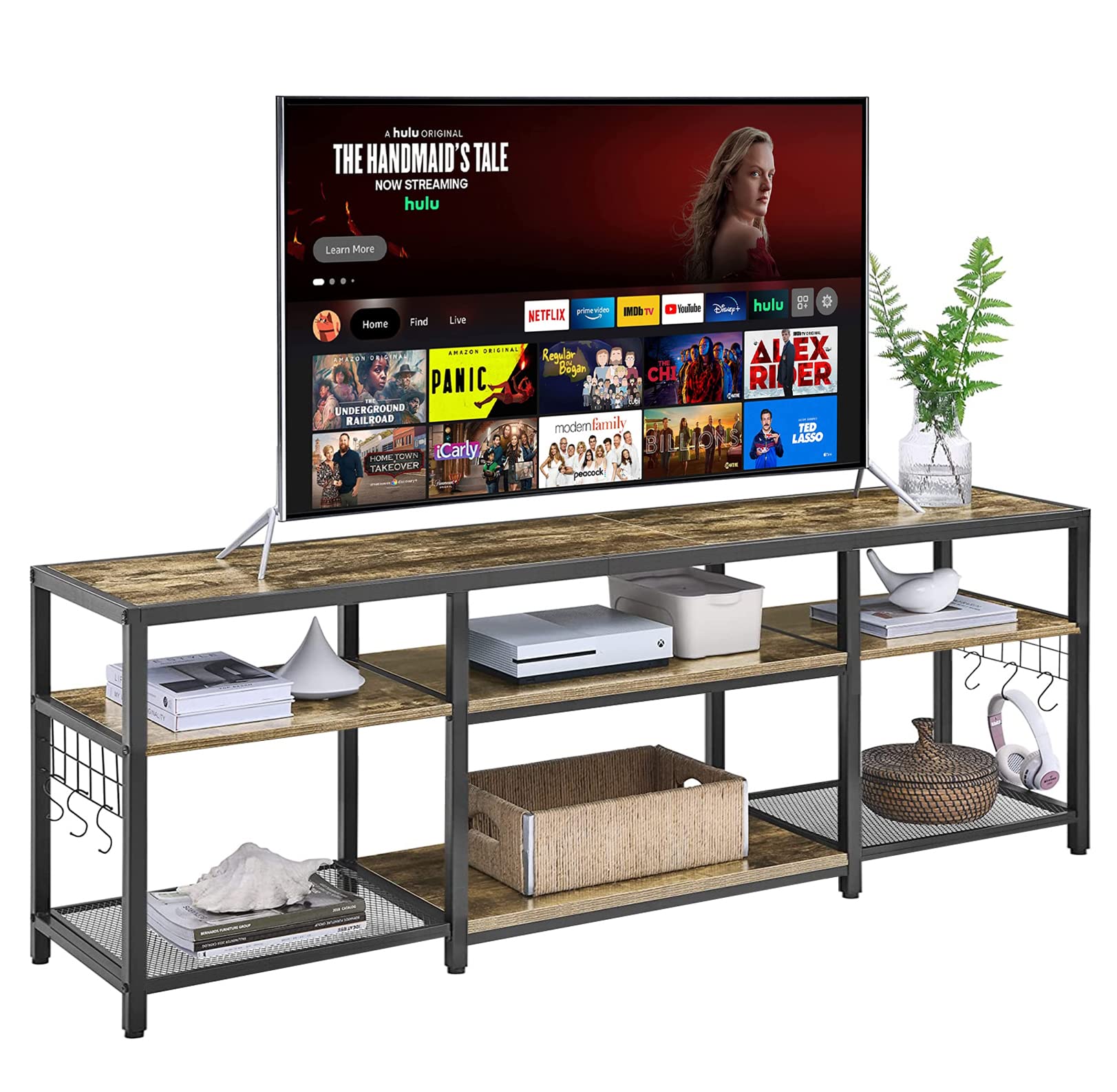 VECELO TV Stand for Televisions up to 75 Inch, Industrial Entertainment Center with 3-Tier Open Storage Shelves& Hooks for Living, Bedroom and Gaming Room, 70 Inch, Brown
