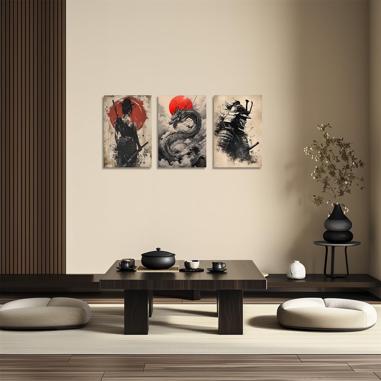 ZQQART Japanese Samurai Wall Art Set of 3 Geisha Samurai Pictures Prints Japan Warrior Canvas Painting Bedroom Living Room Decor (Brown,12.00"x16.00"x3)