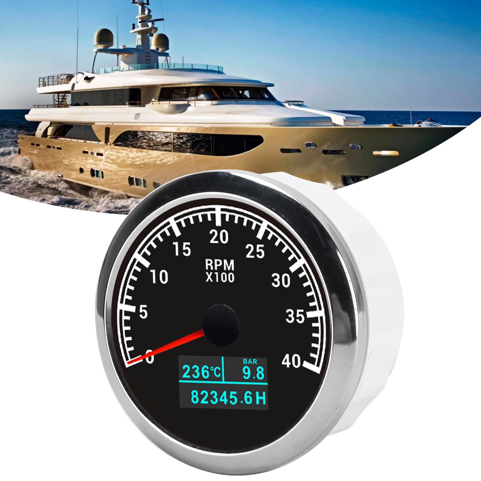 Tacómetro de Puntero, Calibre RPM ABS Acero Inoxidable Instalación Fácil Tacómetro RPM para Camión de Botes de Automóvil (esfera blanca) (esfera negra)