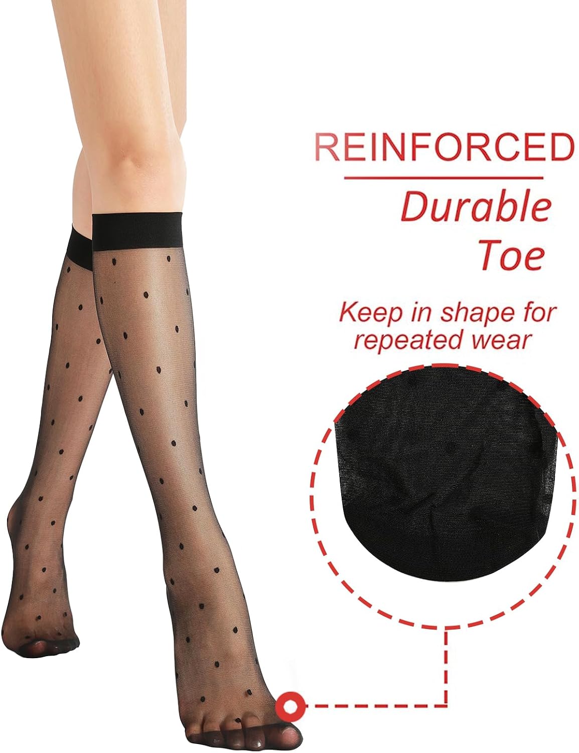 G&Y 4 Pairs Pattern Knee High Pantyhose with Reinforced Toe - 30D Nylon Stockings for Women Dot Heart Lip Patterned image 3