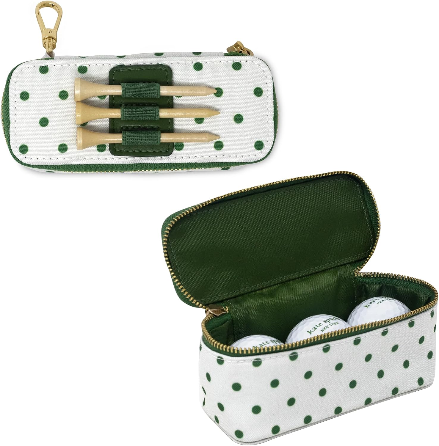 kate spade new york Golf Ball Holder, Lexington Dot | Cute Golf Set with 3 Wooden Tees, Balls, and Zipper Pouch with Gold Clasp to Secure to Bag