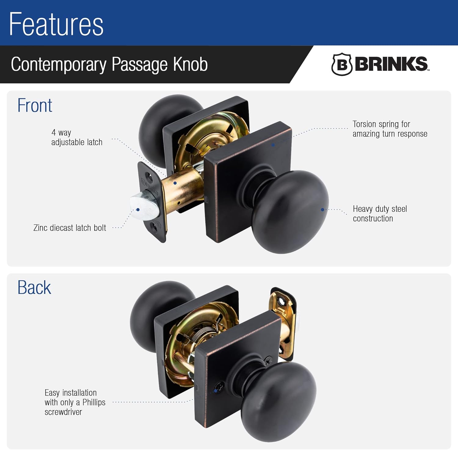 BRINKS Contemporary Passage Ball Door Knob, Modern Lock Set, Interior Door Knobs for Sleek Home Decor - Tuscan Bronze