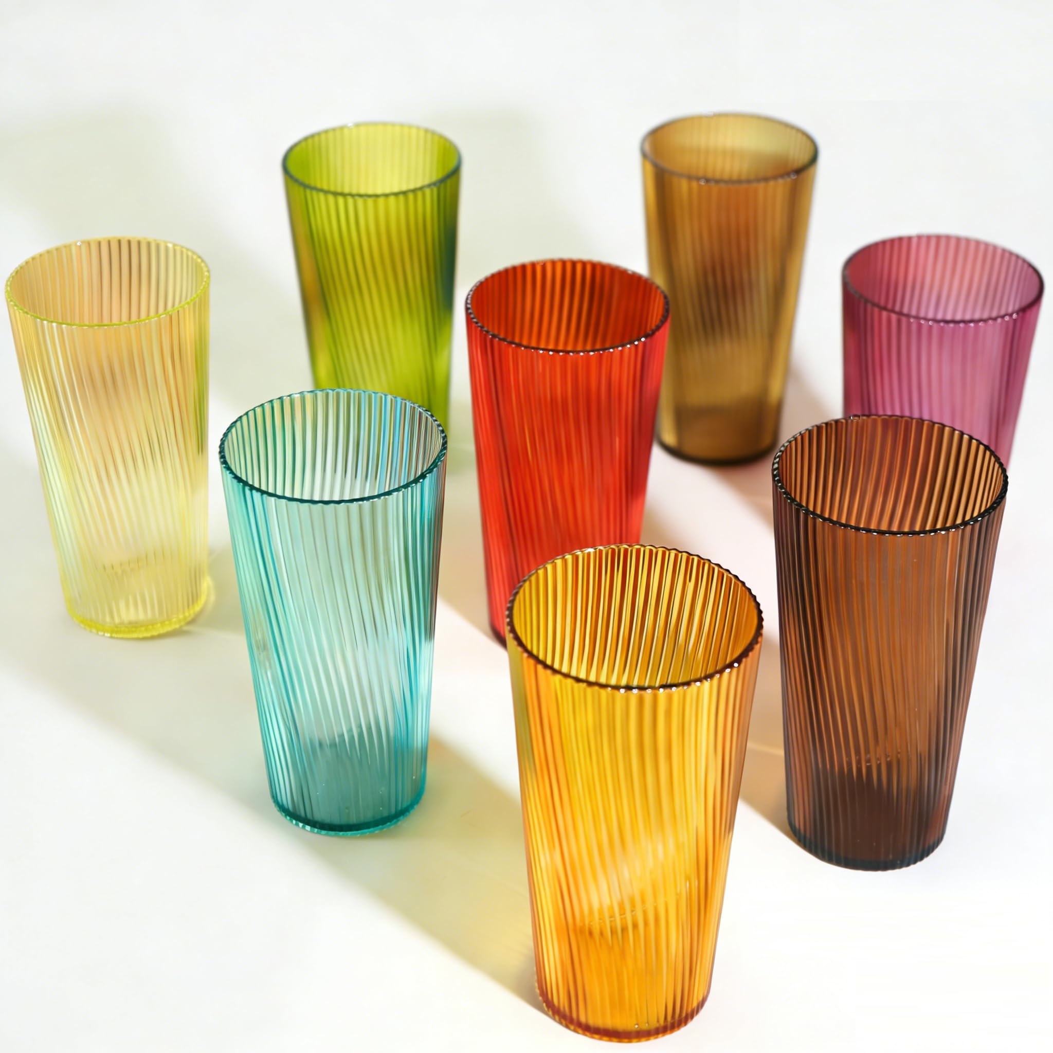 Ribbed Drinking Glasses Set of 8 19oz Colored Plastic Clear Water Tumblers Dishwasher Safe Reusable Cups BPA Free