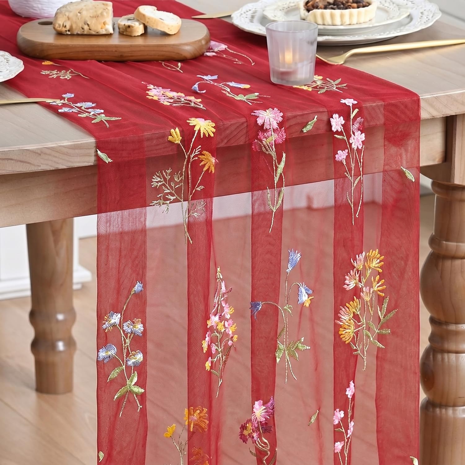 Artoid Mode Red Embroidery Wild Flowers Gauze Table Runner 70x300 cm