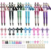 Cross Themed Beadable Pens Bulk Bead Pens with Assorted Colors Beads Christian DIY Pen Making Kit Ballpoint Pen Black Ink for Women Students Office School Cross