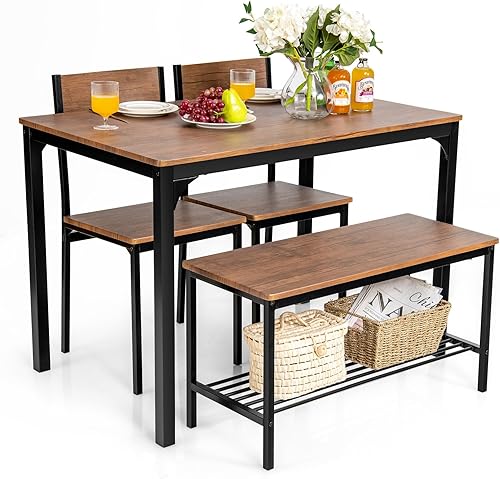 COSTWAY Juego de mesa de comedor de 4 piezas para 4, mesa de cocina con 1 banco y 2 sillas, juego de mesa y sillas con estante de almacenamiento,