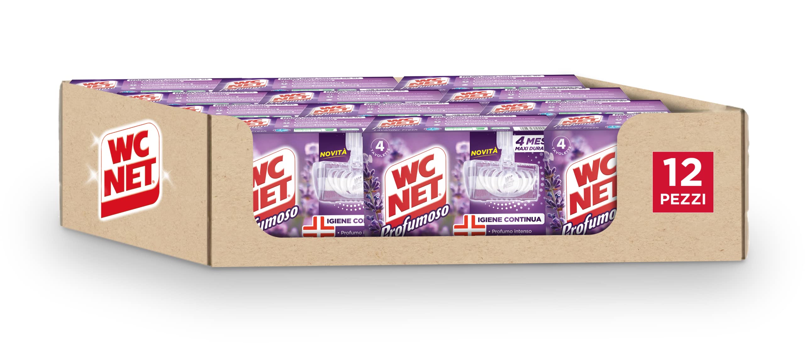 Wc Net - Tavoletta Profumoso Igiene Continua, Detergente Igienizzante Solido per WC, Azione Anticalcare e Profumo Intenso, Fragranza Lavender Fresh, 4 Pezzi x 12 Confezioni