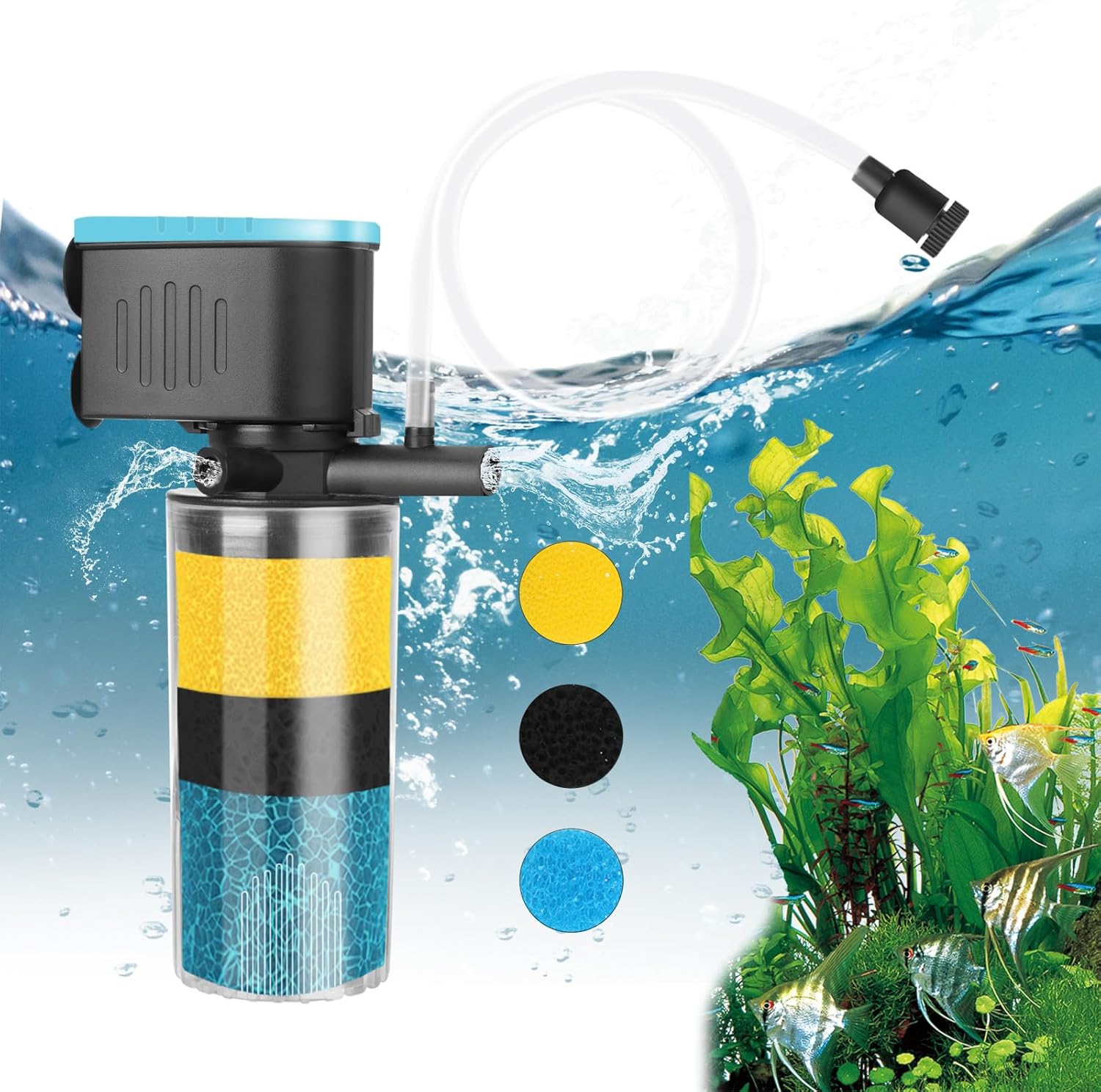 AquaMiracle Aquarium Filter 3-Stage in-Tank Filter Internal Fish Tank Filter Power Filter for 10-40 Gallon Fish Tanks with Dual Water Outlet & Aeration For 10-40 Gallon Tank