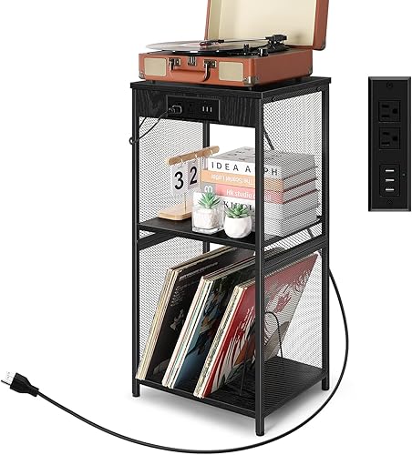 Miniatura 1 de Soporte para tocadiscos con almacenamiento de vinilo blanco, soporte giratorio con estación de carga, mesa para tocadiscos con puertos USB, estante