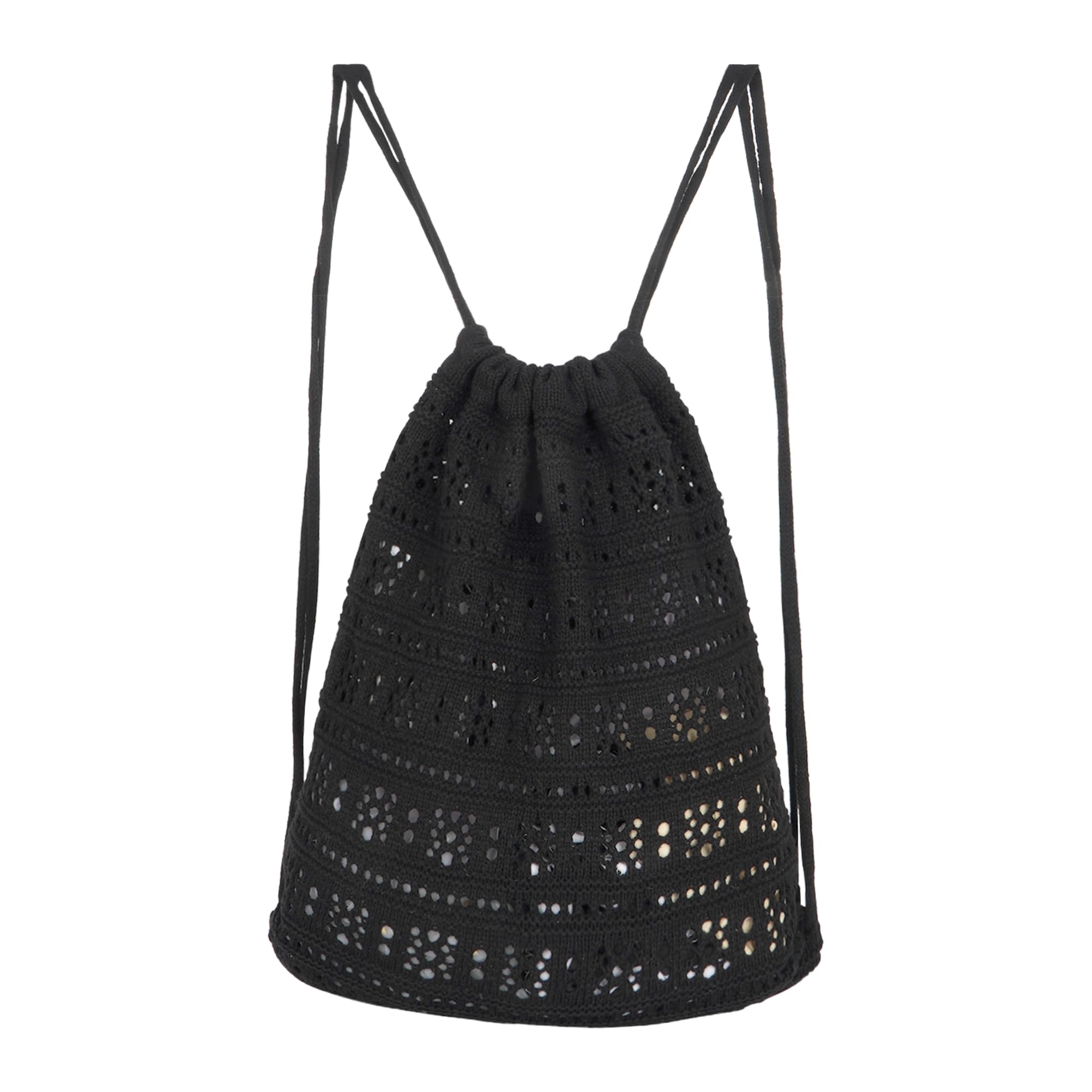 MilyaDE Straw Backpack Beach Bag Handmade Daypack Drawstring Bohemian Shoulder Bag for Women Travel Holiday, B-Gym Bag Black, 33*2*38cm