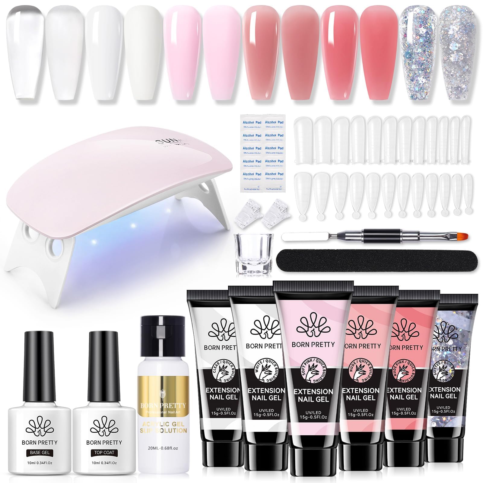 BORN PRETTY Polygel Starter Set mit UV Lampe 6 Farben Transparent Weiß Nude Rose Glitzer Polygel Nägel und Slip Solution Nagelset Gelnägel Starterset Base Top Coat Acrylnägel Nagelverlängerung Kit