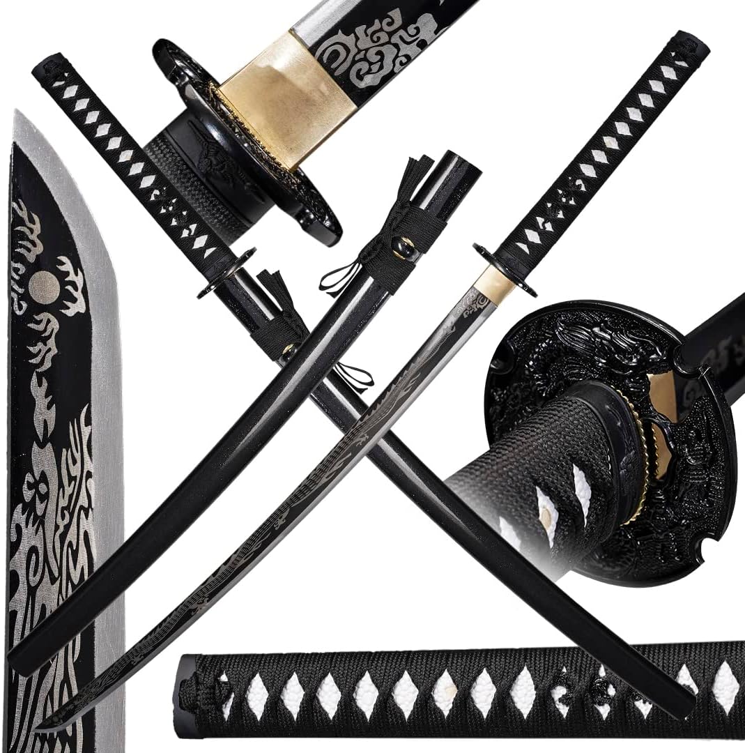 Kamaiwo-1045/1060 Full Tang๏ผJapanese Samurai Swords are a Unique Gift for Men - Real Katana Sword Makes a Memorable for Martial Arts Enthusiasts or Sword Collectors ๏ผBlack