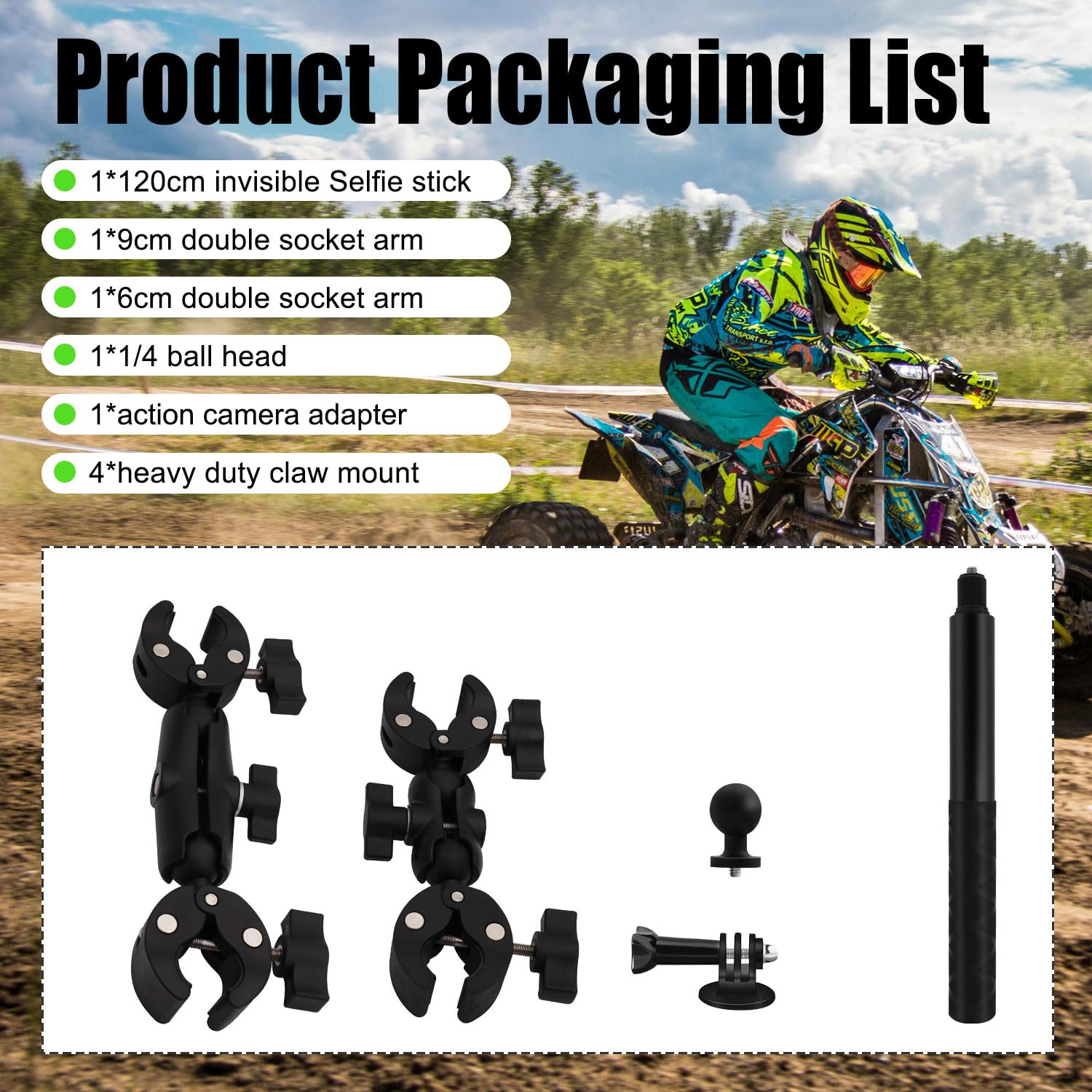 Moto Doble Abrazadera Monte con 47" Invisible Selfie Palillo compatible para Insta 360 X5-X RS R GO 3 Aluminio Aleación Muy Resistente Cámara Bicicleta ATV Doble Abrazadera Montar Kit para Osmo 360