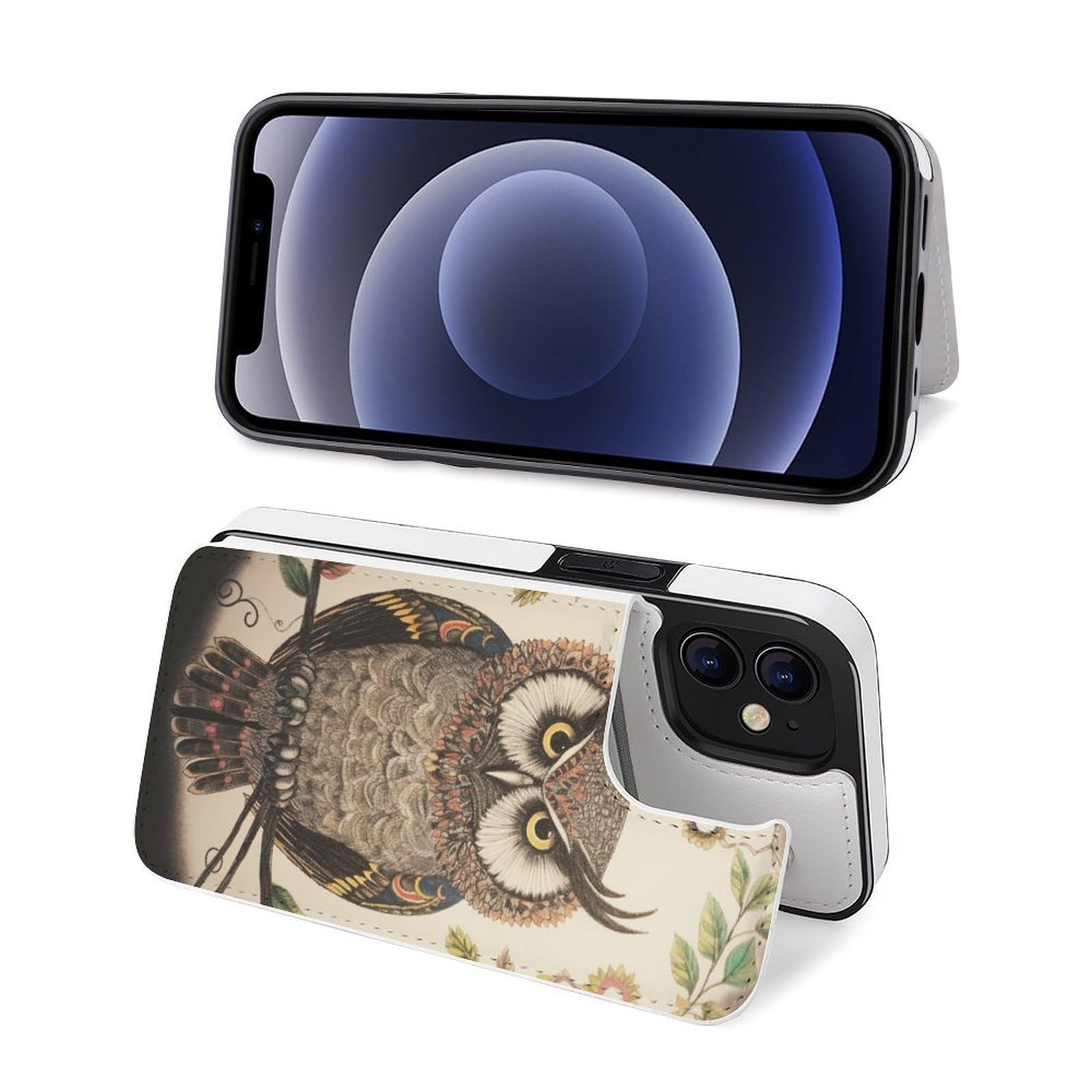 Fundas tipo cartera para iPhone 12, diseño de búho, de piel, con ranuras para tarjetas