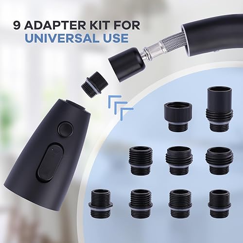 Miniatura 5 de WOWOW Cabezal de repuesto para grifo de cocina, color negro mate, boquilla de pulverización extraíble de 3 funciones con 9 adaptadores para grifo de