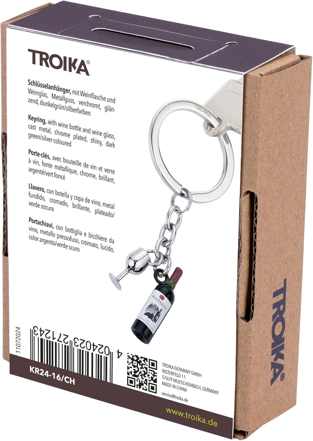 TROIKA Keyring with Wine Bottle and Wine Glass Bordeaux Cast Metal Keyring for Wine Lovers, Chrome-Plated, Dark Green and Silver Original, Dark Green/Silver, 8,7 x 3,5 x 0,8 cm