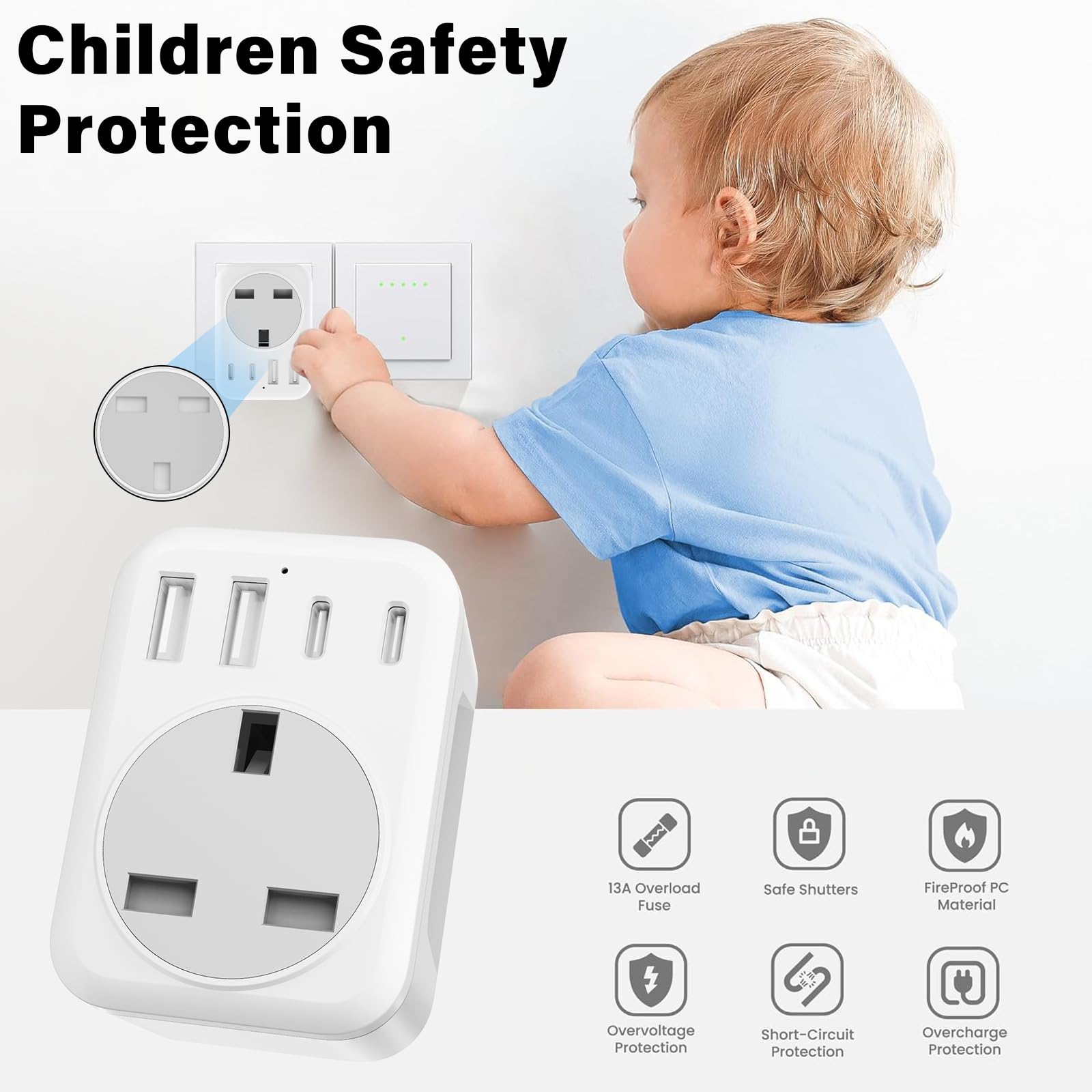 UK To European Plug Adapter,5 IN 1 European Travel Adaptor with 2 USB C & 2 USB A,Grounded EU Plug Adapter for Germany Spain France Turkey Greece etc (Type E/F) — view 7